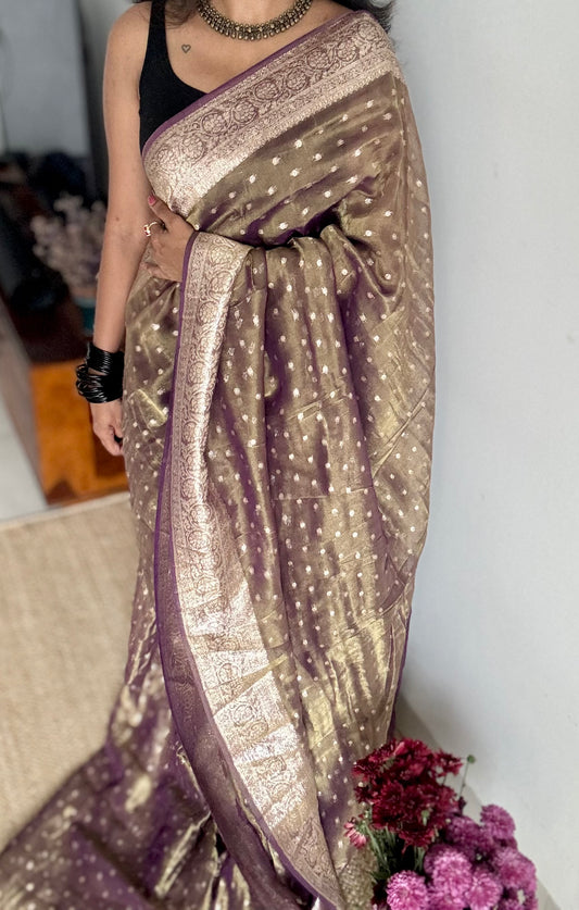 Purple brown with gold double tone, soft crushed tissue, thread zari - YCDOSFEJUTB11