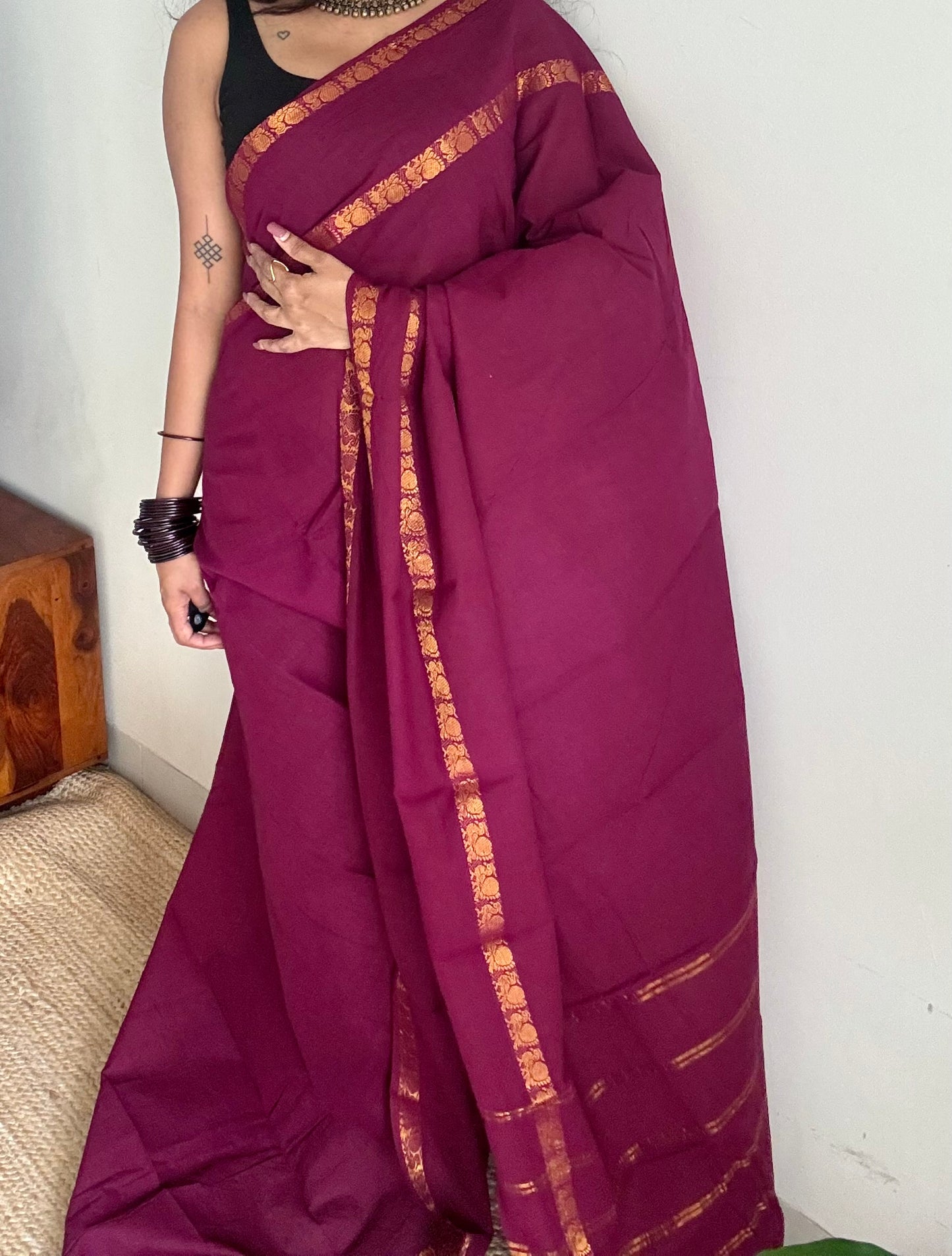 Dark purple pink (vadamalli) rettaipettu peacock double bordered, kattuchayam dyed madurai cotton saree  - YCCOTNMSJUL05