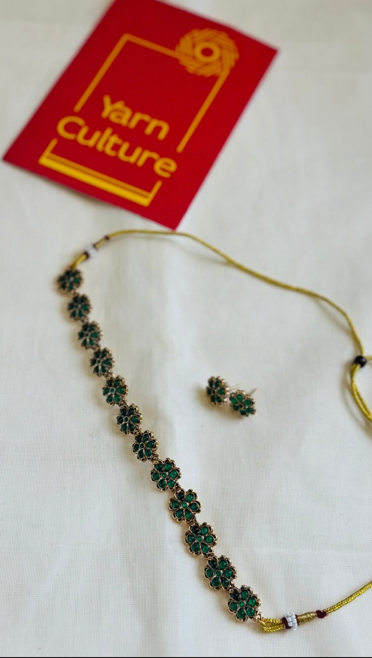 Green floral pendant neckpiece with earrings - YCGPNP765