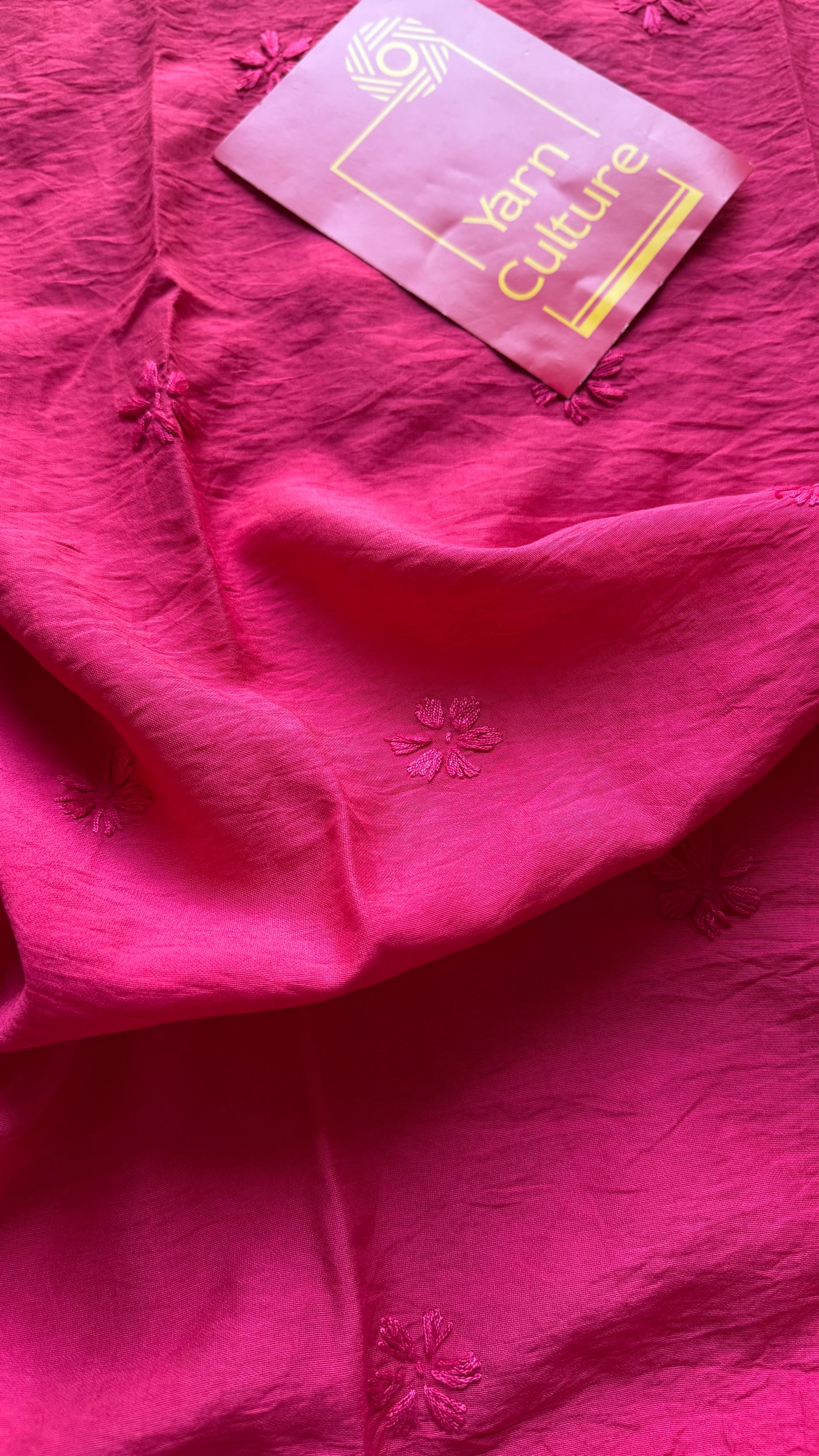 Hot pink chanderi chikankari with ghas patti work, stitched kurta, round neck, three fourth sleeves - YCSECK09