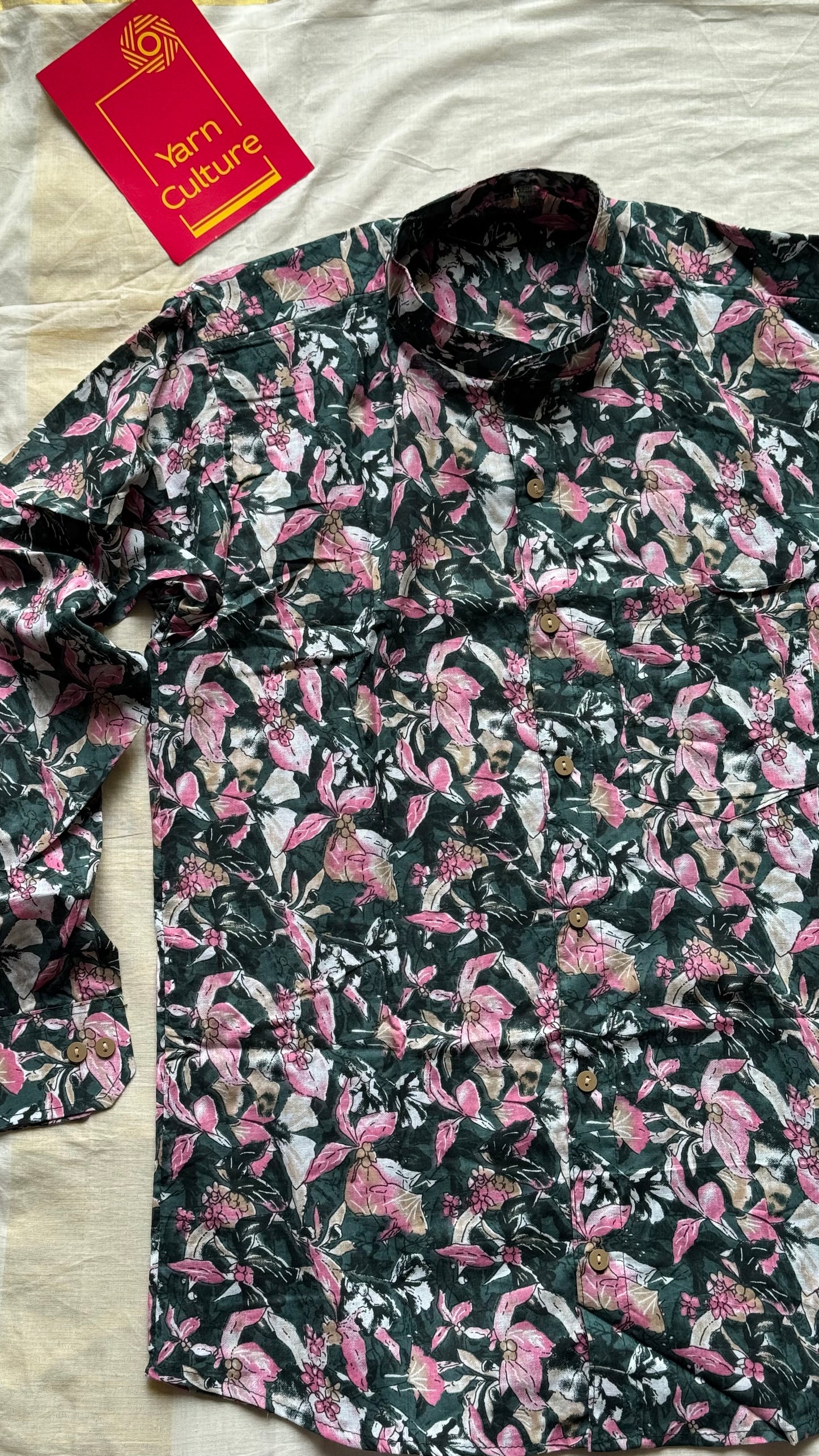 Green & Pink Floral Block Printed Cotton Men's Mandarin Collar Kurta Shirt - YCMSEIE194