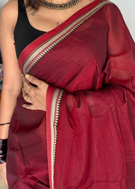Maroon with red border narayanpet saree, soft cotton - YCWOTDNPFE30