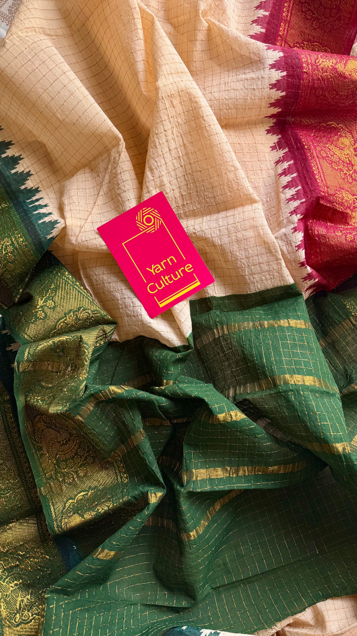 Sungudi checks, sandal base, green and deep red border, soft cotton - YCIEON93