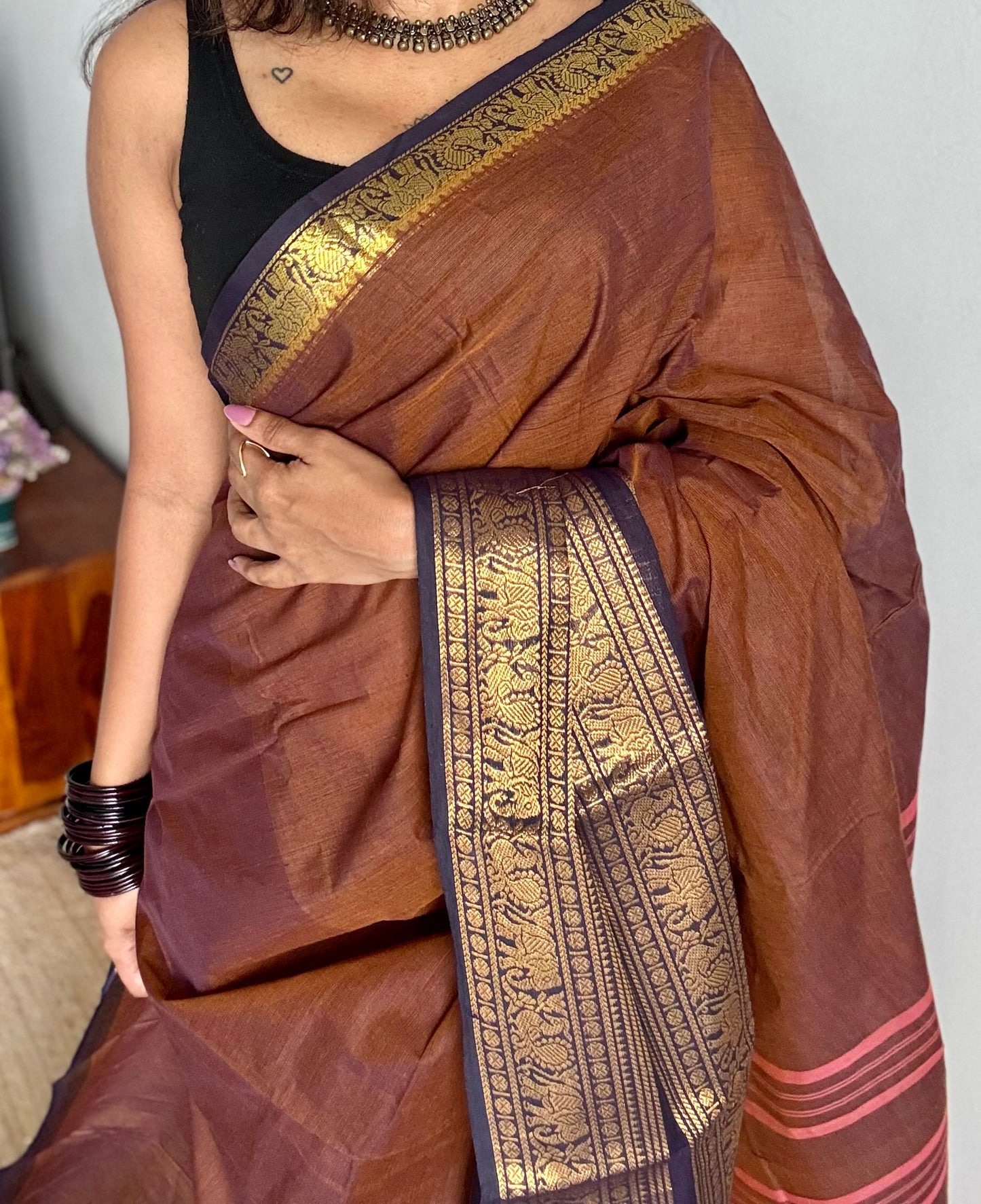 Brown with dark blue contrast, wide zari border, kanchi cotton - YCCOTNKCJA211