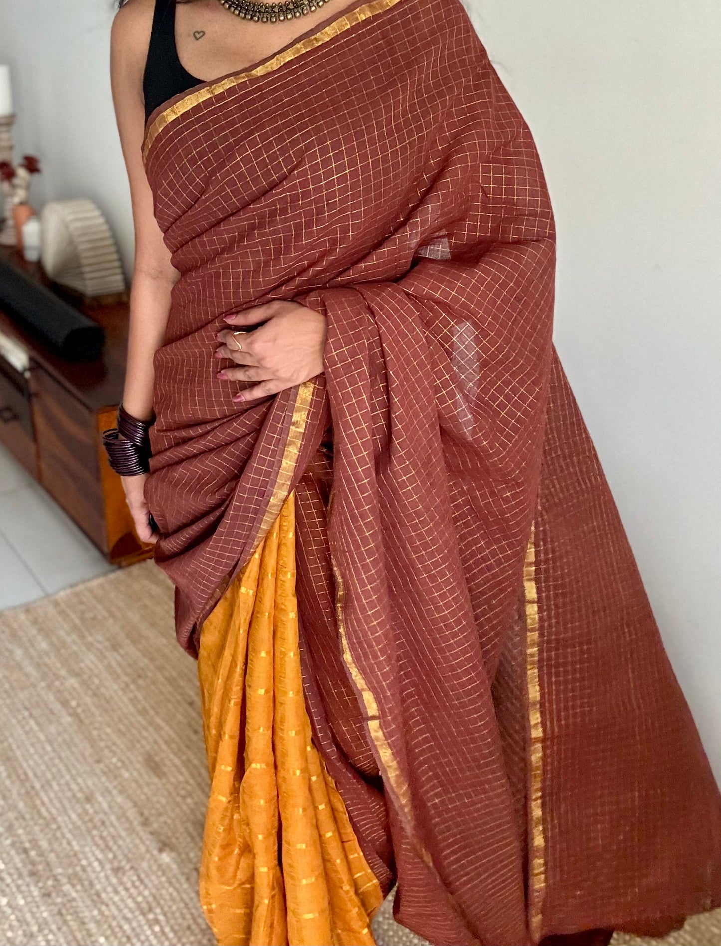 Brown with turmeric yellow, sungudi cotton half-half saree - YCCOTNIDMA315