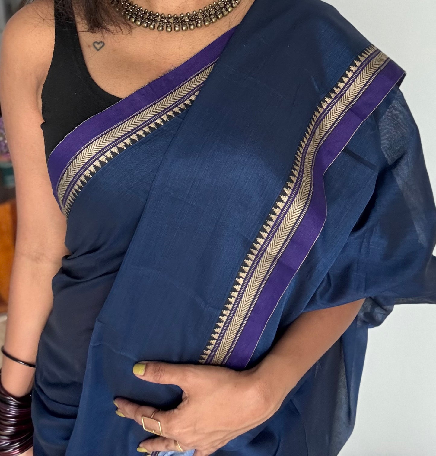 Navy blue with purple border narayanpet saree, soft cotton - YCWOTDNPFE35