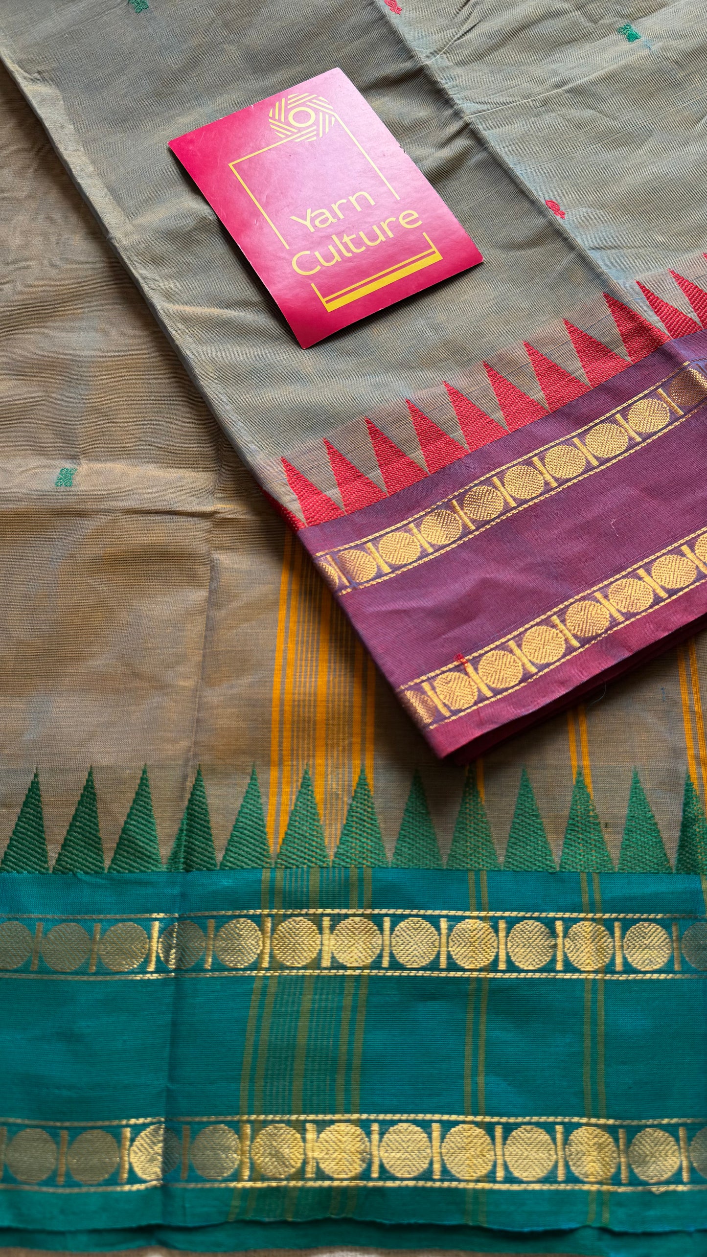 Kanchi cotton saree, warm grey with purple pink and green dual border - YCCOTNAP96