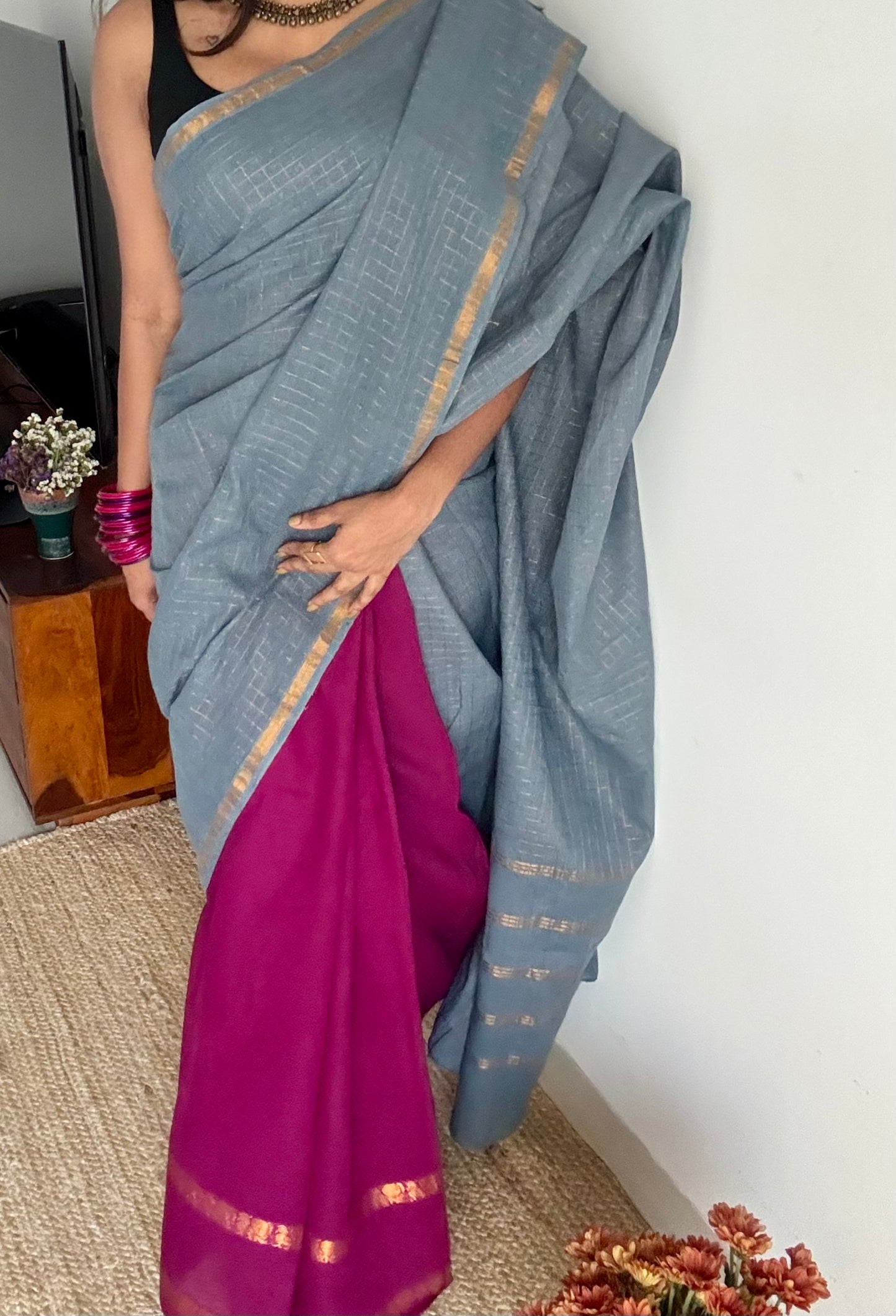 Mallinila (மல்லிநிலா): grey with vaadamalli purple pink, sungudi cotton - YCENOID14
