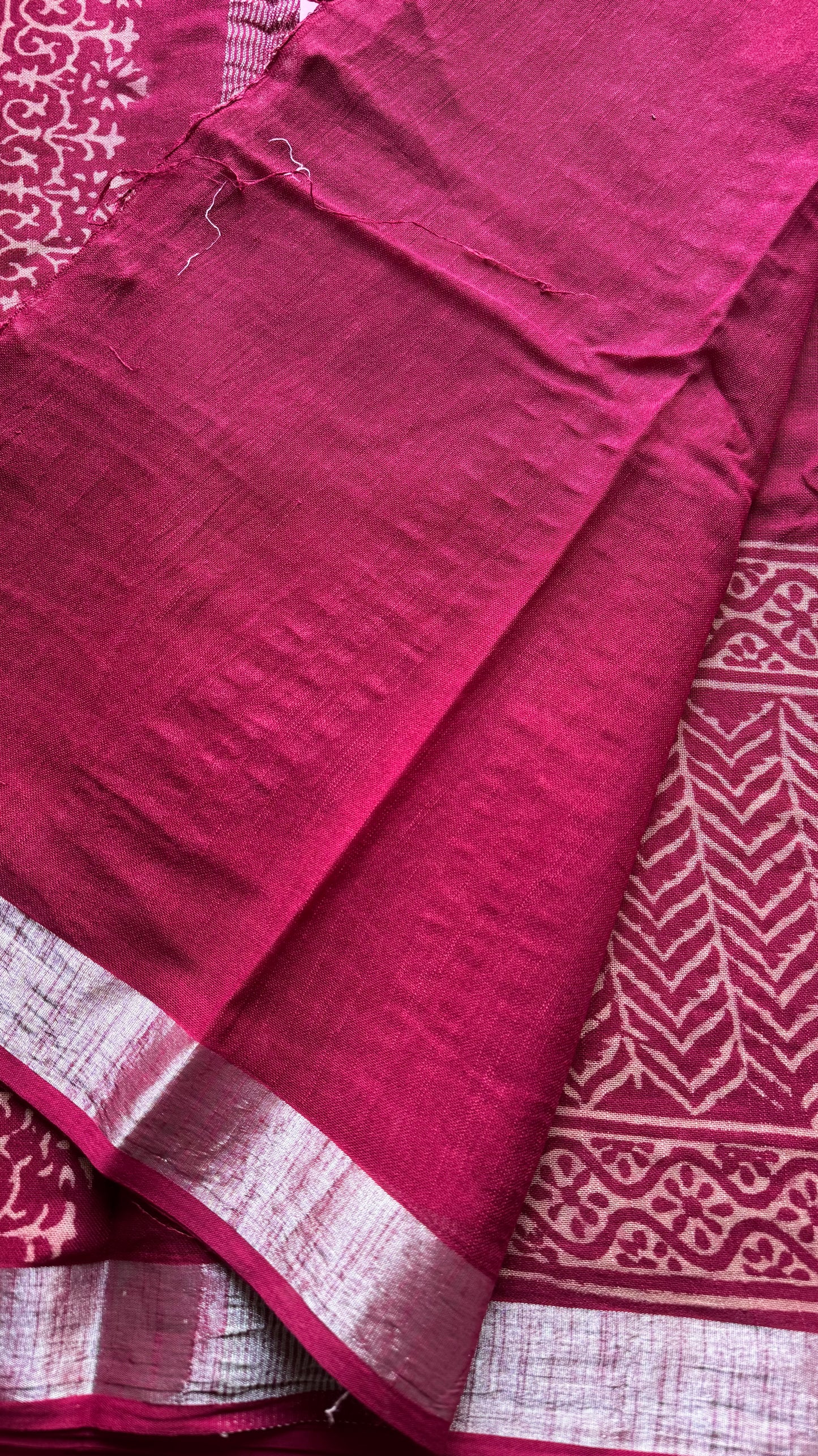 Cranberry red linen, white motif, silver zari border - YCTOROCBP60