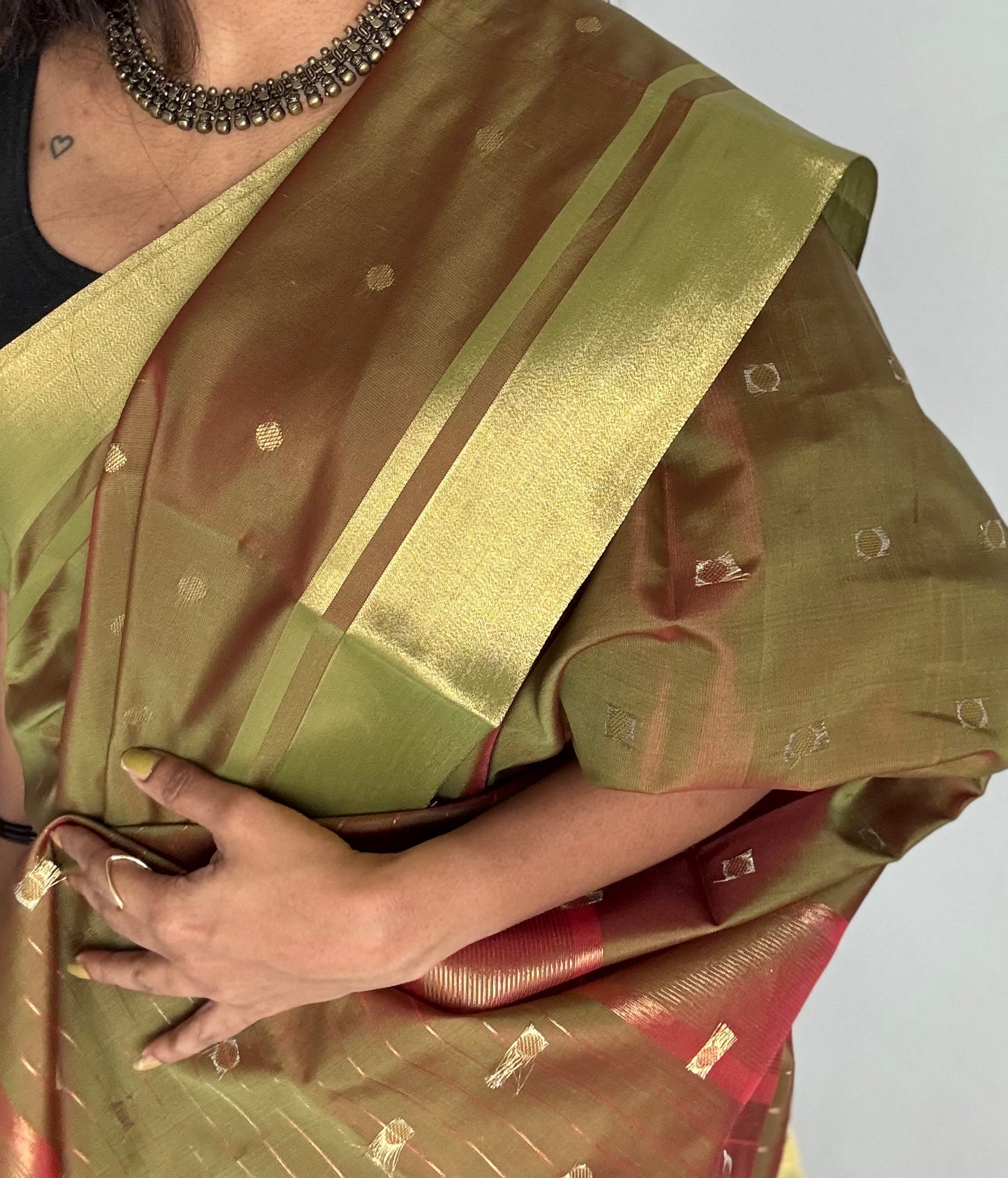 Green brown dual tone with antique gold border & buttas, semi katan silk - YCBLSSJA18