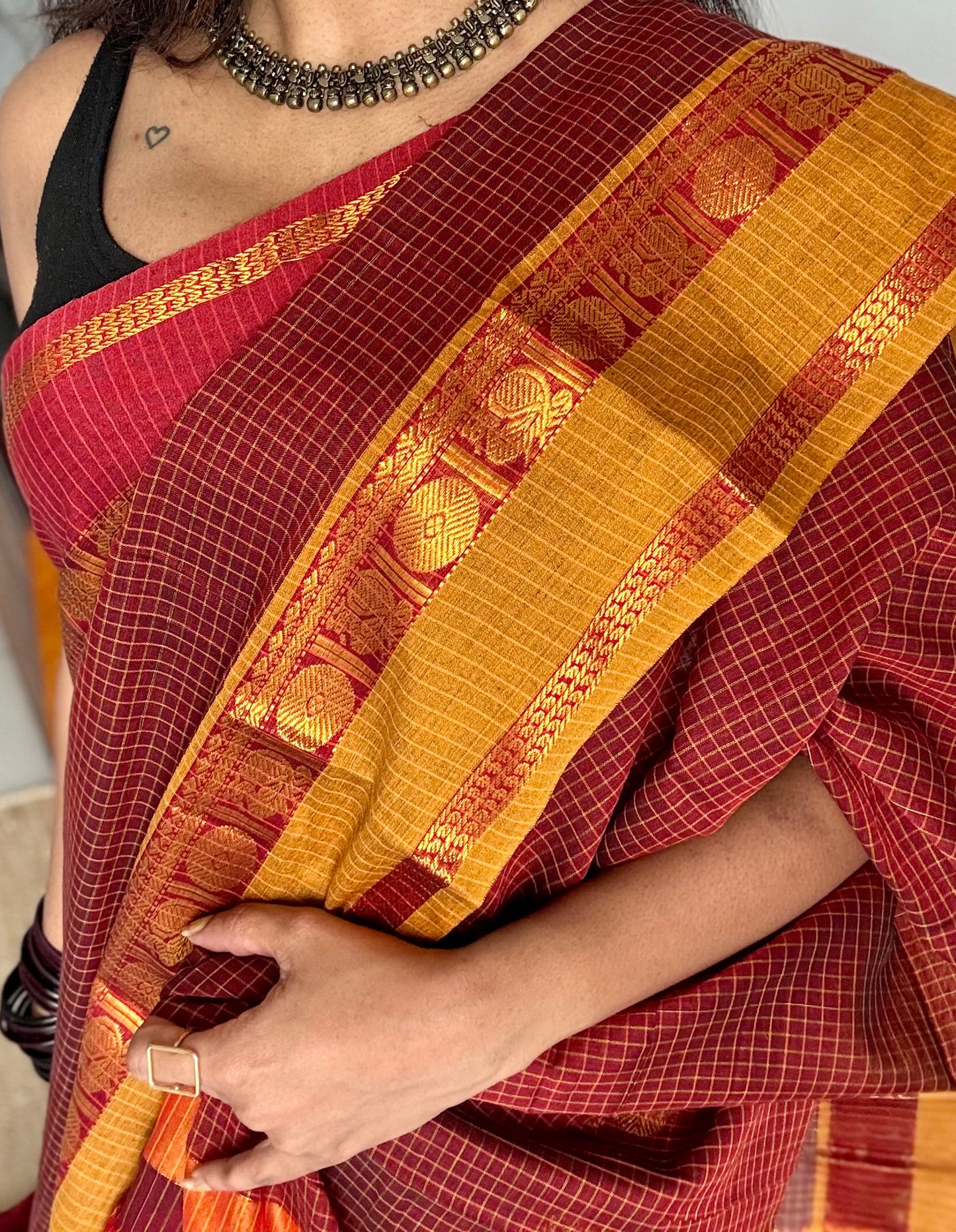 Maroon checks with red and yellow ganga jamuna borders, premium narayanpet soft cotton - YCWOTDNPJA157