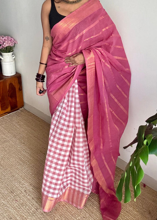 Dusty pink with multicoloured checks, sungudi and chettinad cotton half and half saree - YCCOTNIDOC136