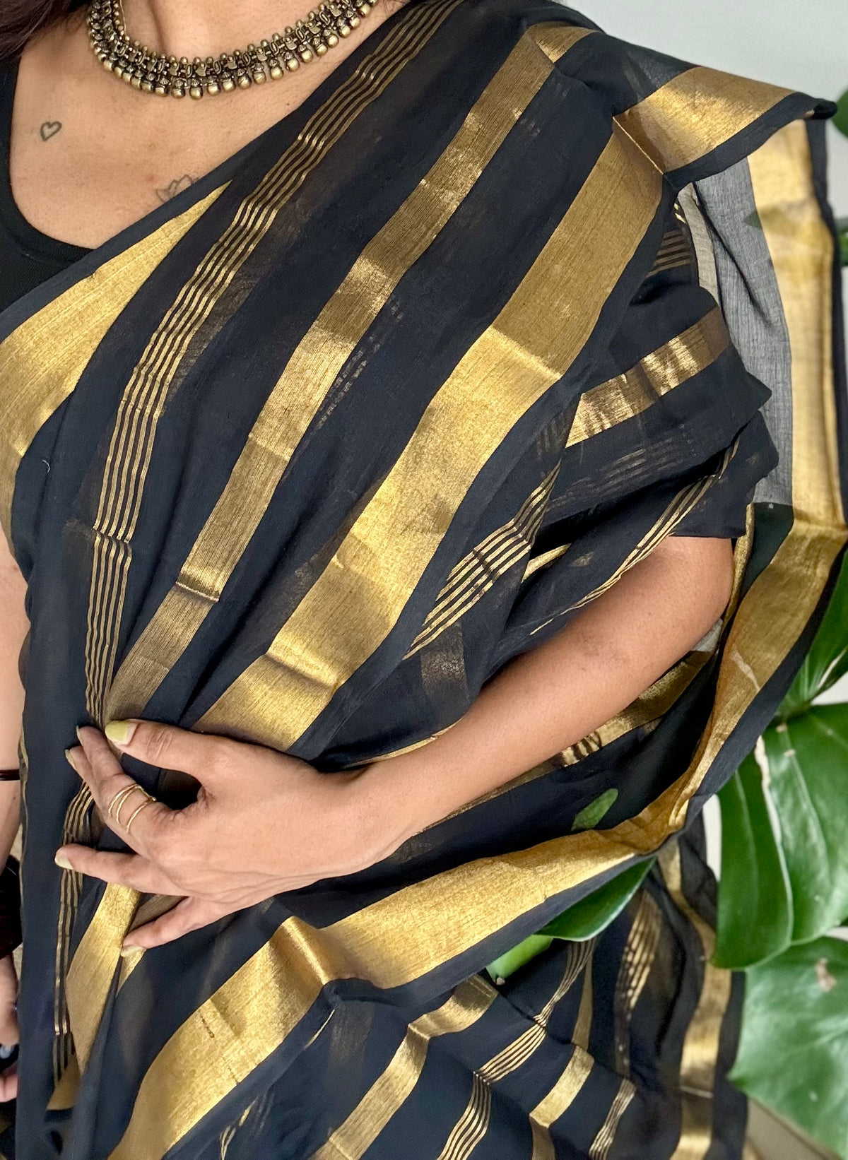 Black mul cotton saree with zari stripes - YCBCMCSE26