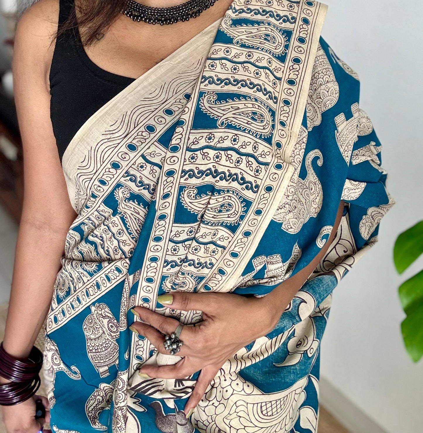 Peacock blue kalamkari saree, elephant motifs, soft cotton - YCWOTDMA350