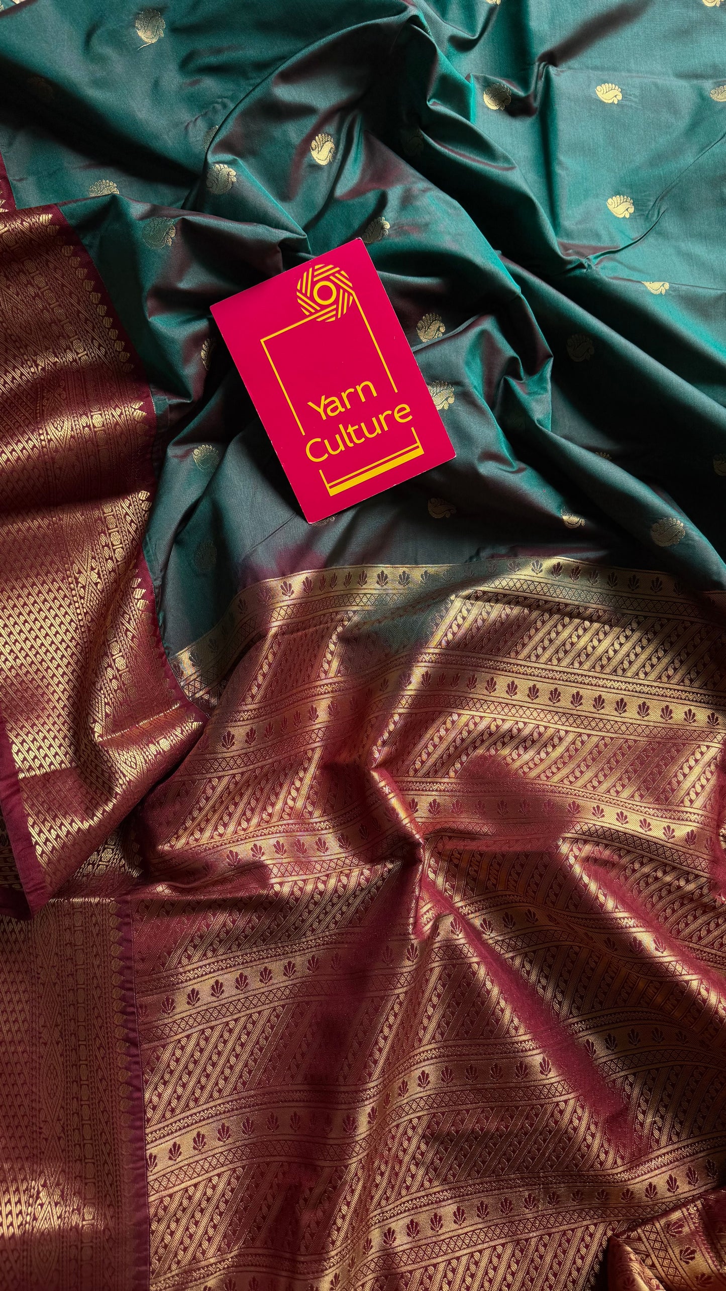 Harini - Emerald green with maroon, handloom korvai semi silk - YCCOTNFEJUKS07