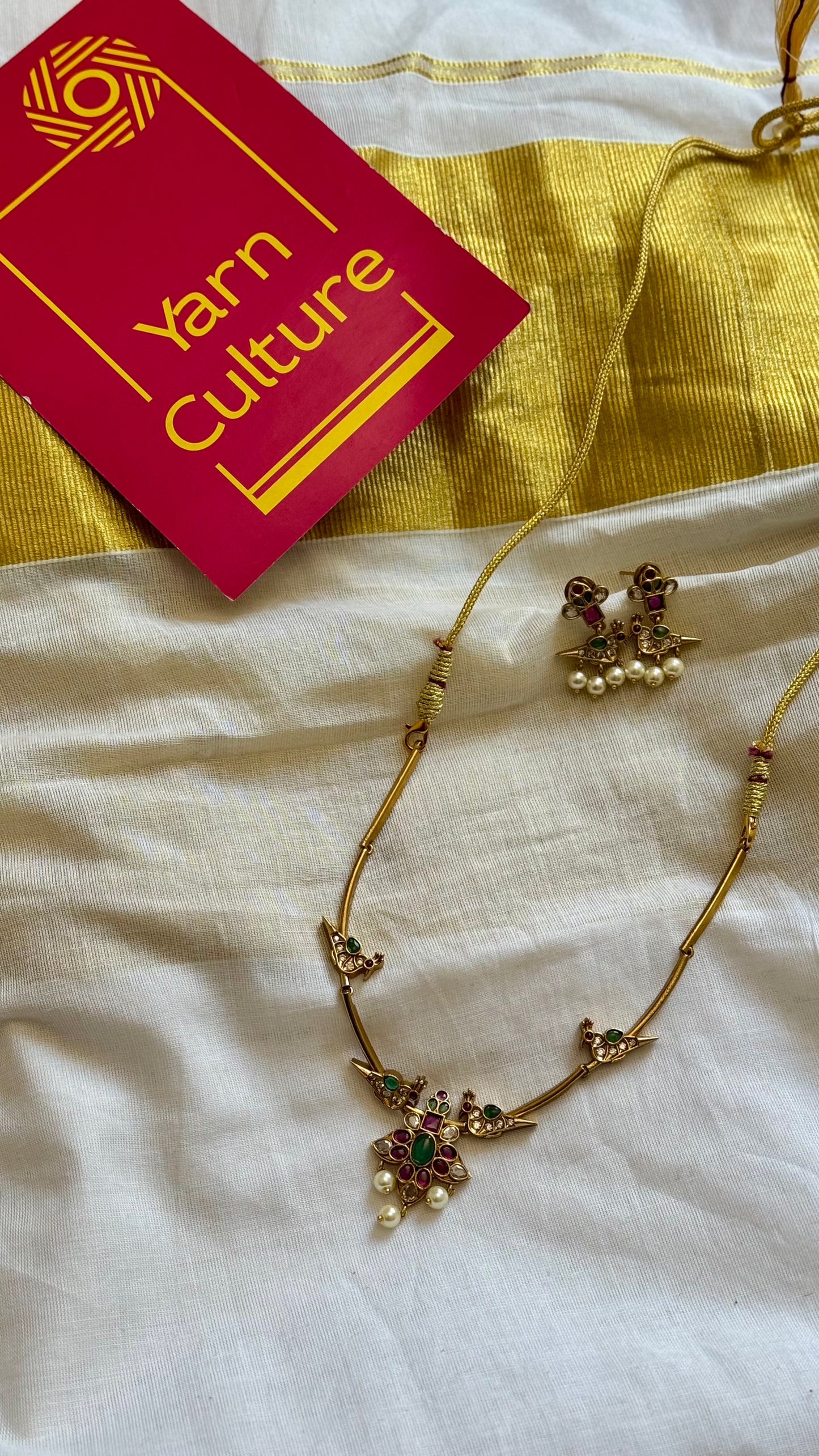 Green white ruby stones parrot hasli, floral pendant, with earrings - YCGPNP617