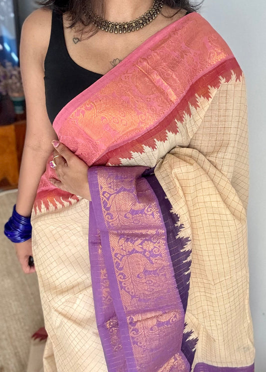 Pink - violet sungudi cotton checks, sandal colour base, soft cotton - YCCOTNJSUN03