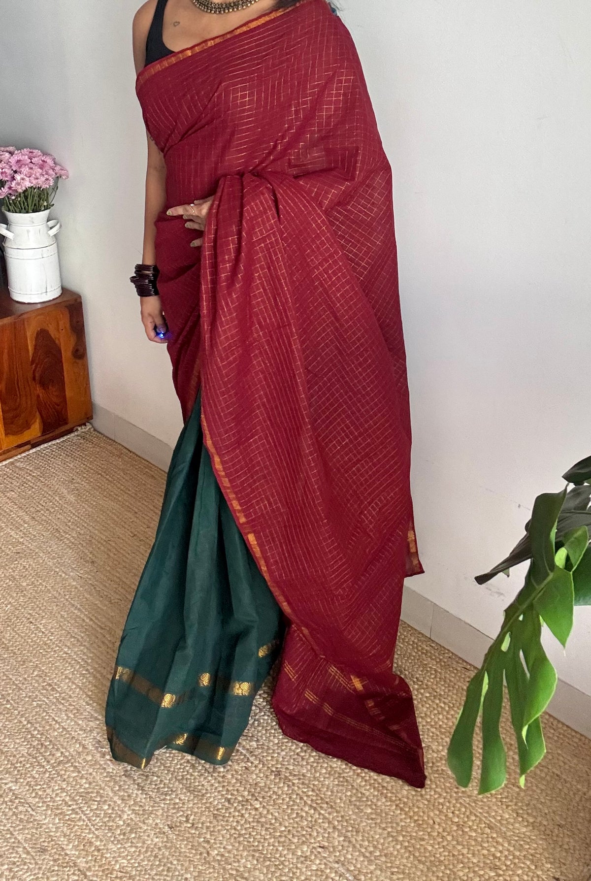 Maroon with dark green, sungudi cotton half and half saree - YCCOTNIDOC158
