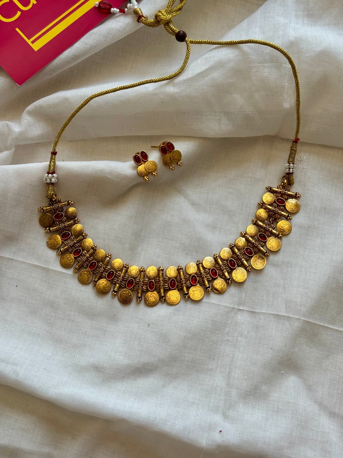 Coin necklace with ruby stones, with earrings - YCGPNP610