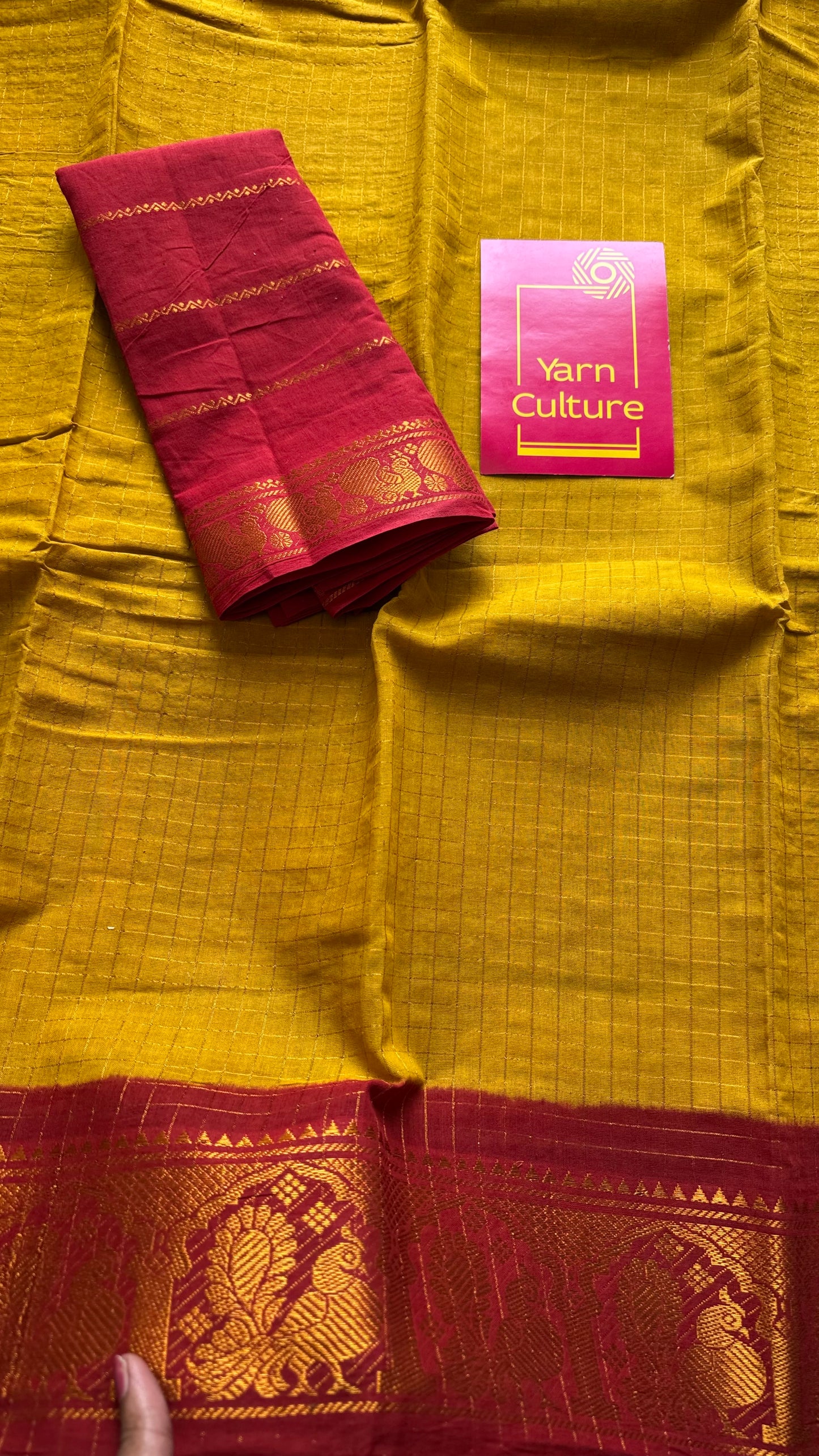 Light green with red contrast zari checkered sungudi, kattuchayam dyed madurai cotton - YCCOTNMSAP196