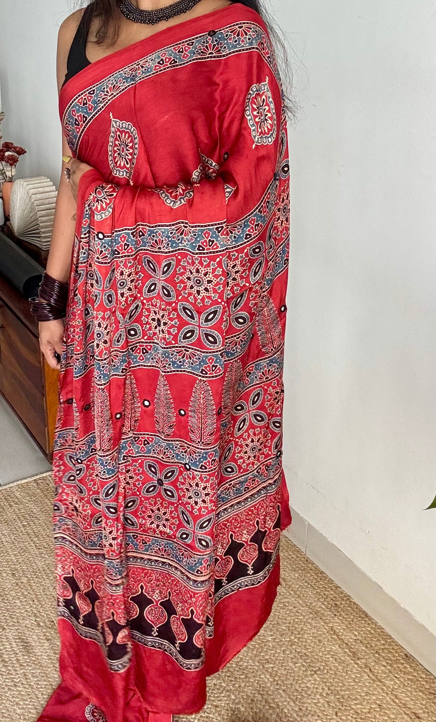 Red pure modal silk saree with ajrakh handblock print and mirror work - YCTOKAJM338