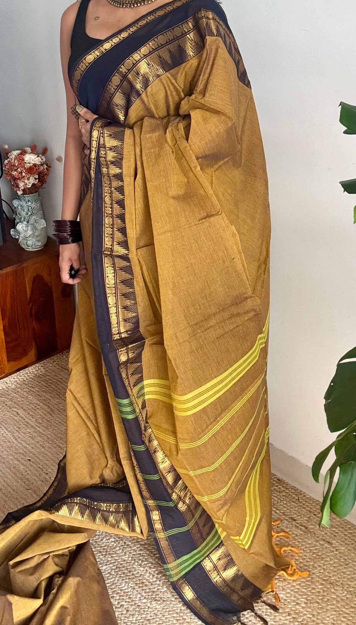 Mustard yellow with black gap zari border, kanchi cotton saree - YCCOTNCCOC118