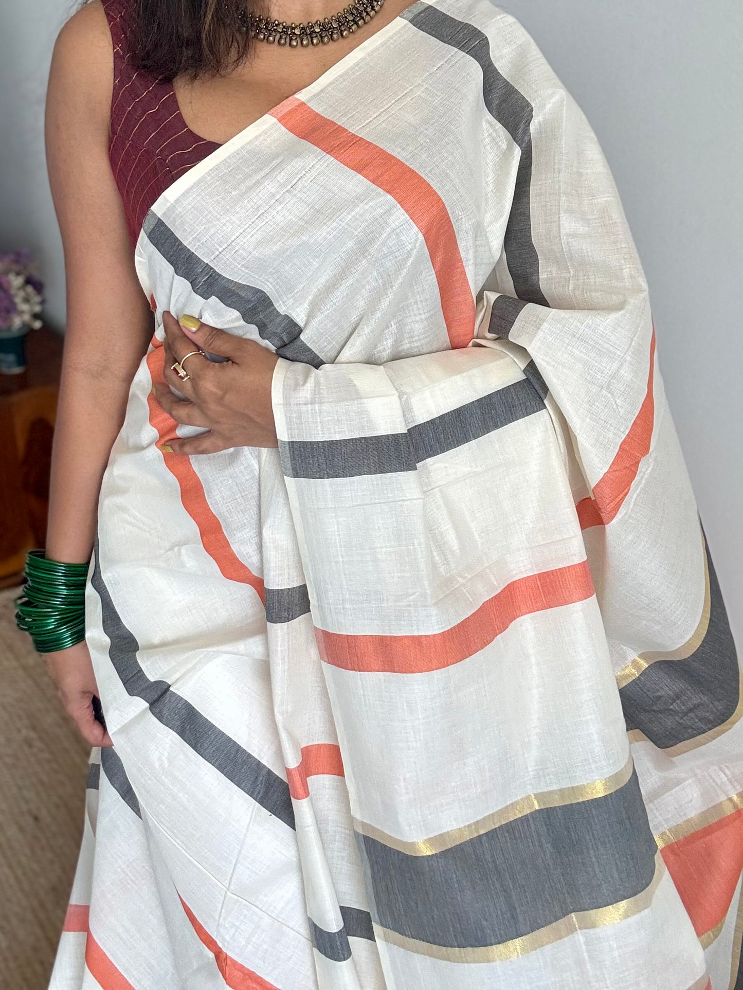Ivory Kerala cotton saree with peach and dark grey stripes - YCIEKCFE305