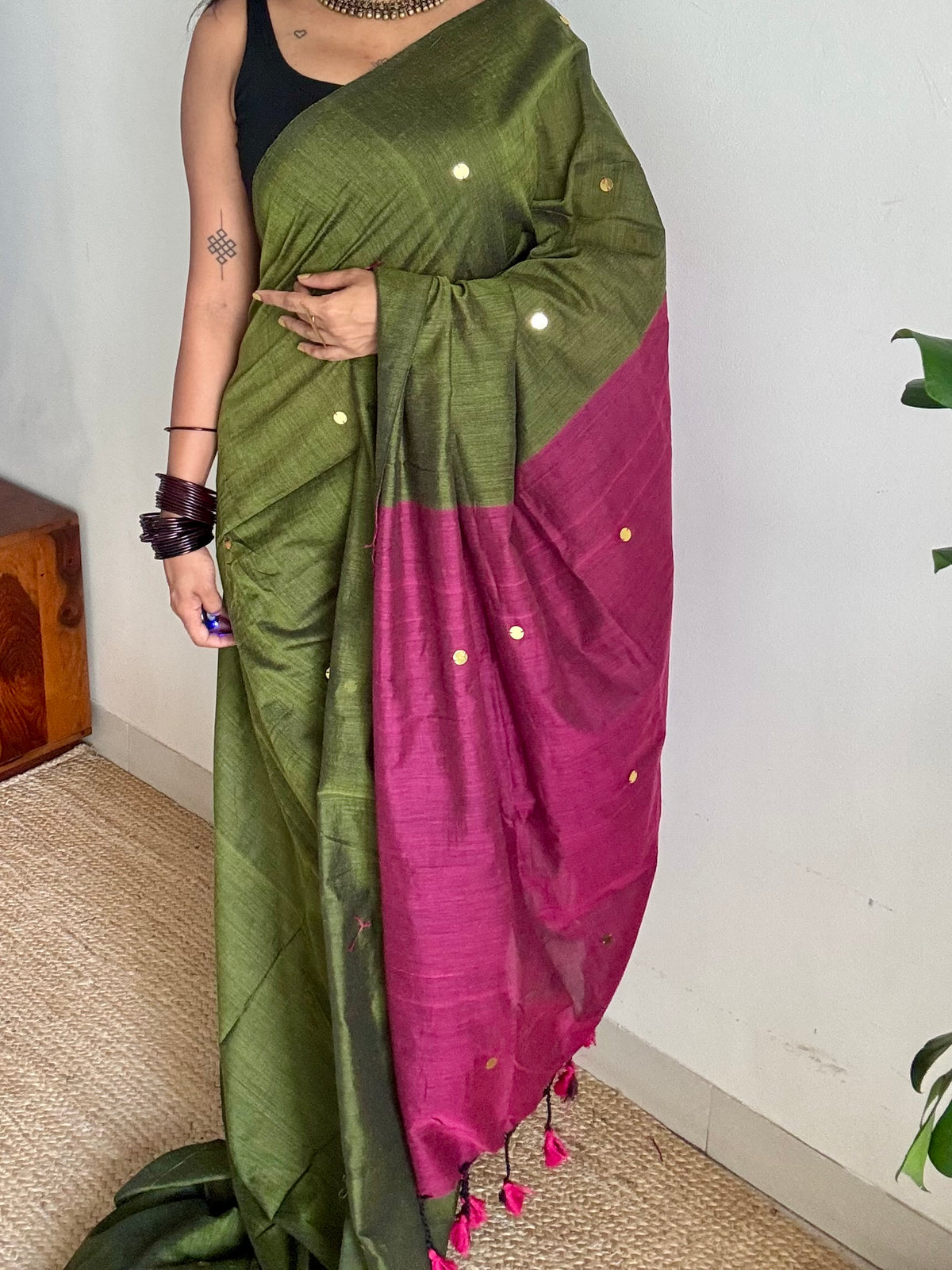 Olive green with ruby contrast pallu, gini sequins, soft cotton saree - YCBCSCOC07