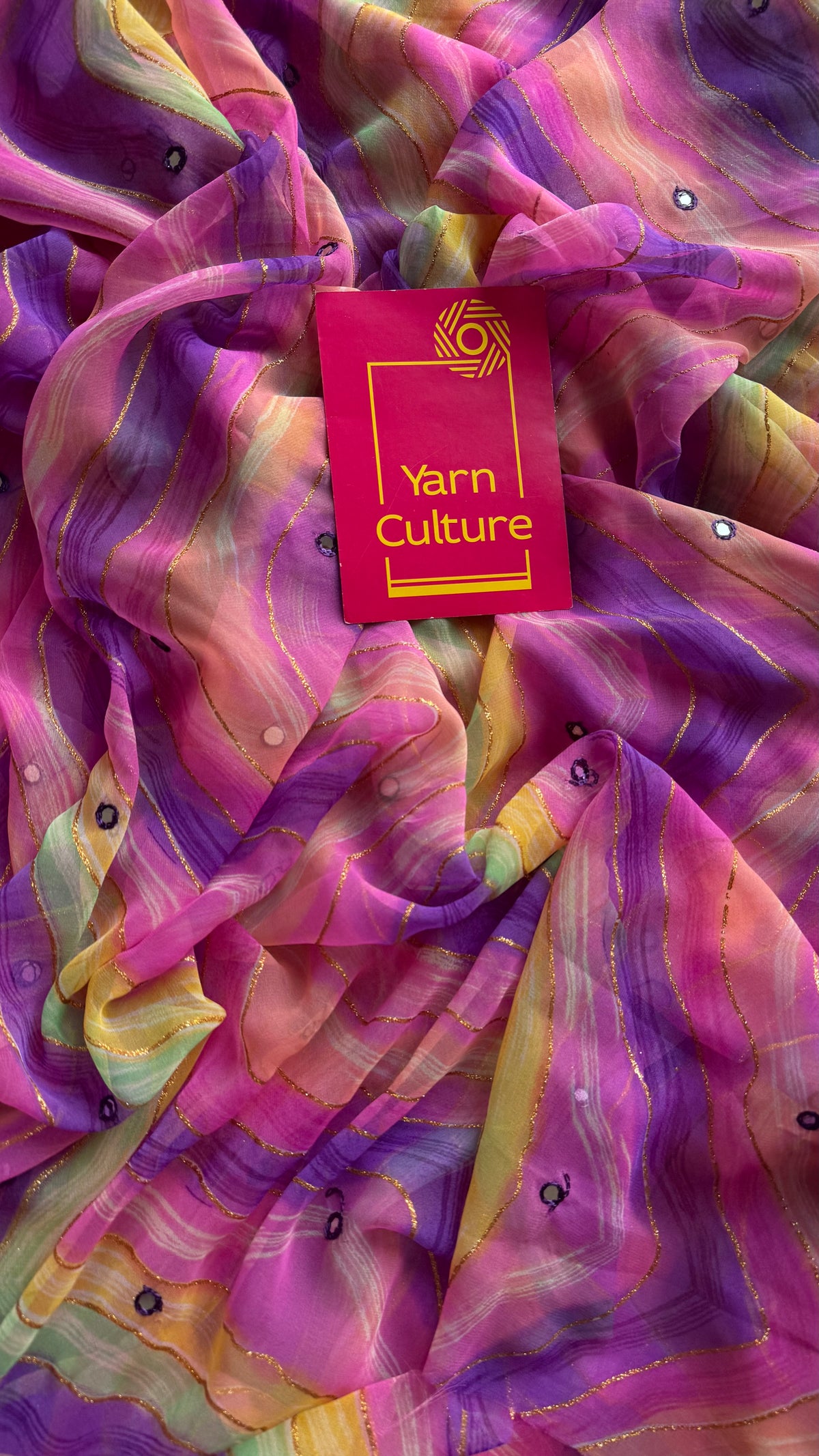 Purple pink multicoloured leheriya chiffon saree with mirror work  - YCTORLOC95