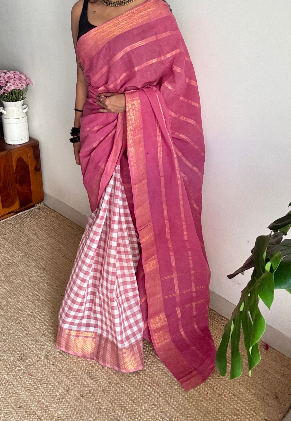Dusty pink with multicoloured checks, sungudi and chettinad cotton half and half saree - YCCOTNIDOC136