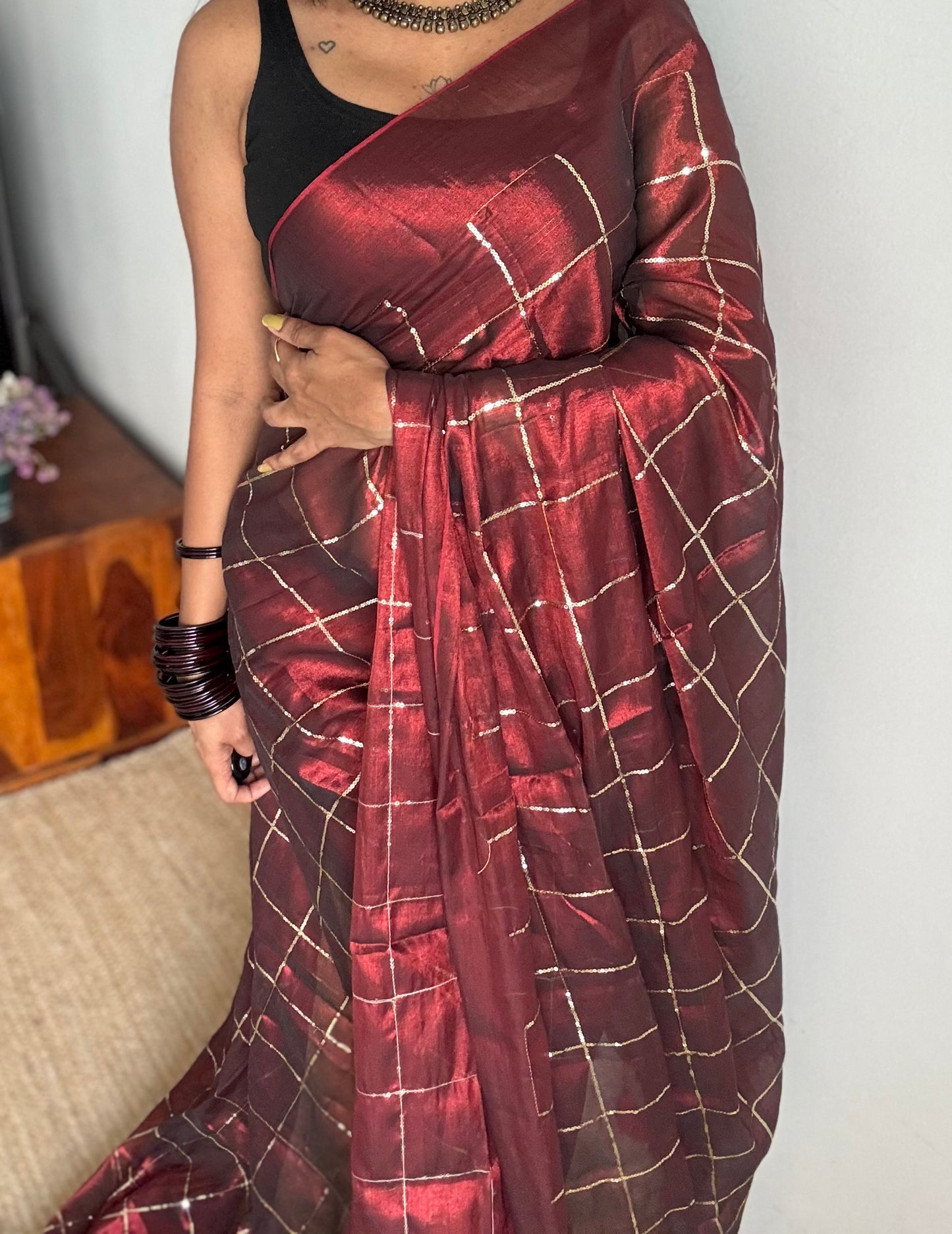 Maroon, checkered sequins work, mul tissue - YCBCMCJA10