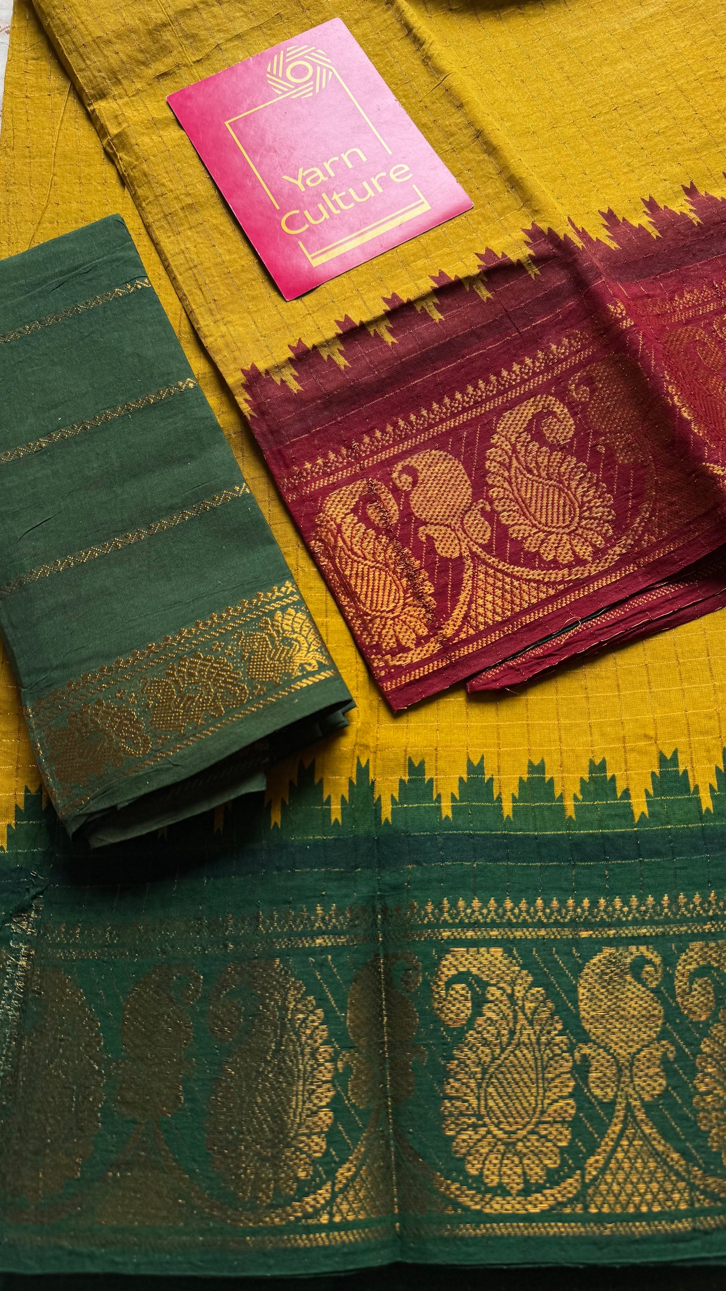 Sungudi cotton checks, mustard yellow base, maroon and dark green dual tone border, soft cotton - YCCOTNMSJUL11