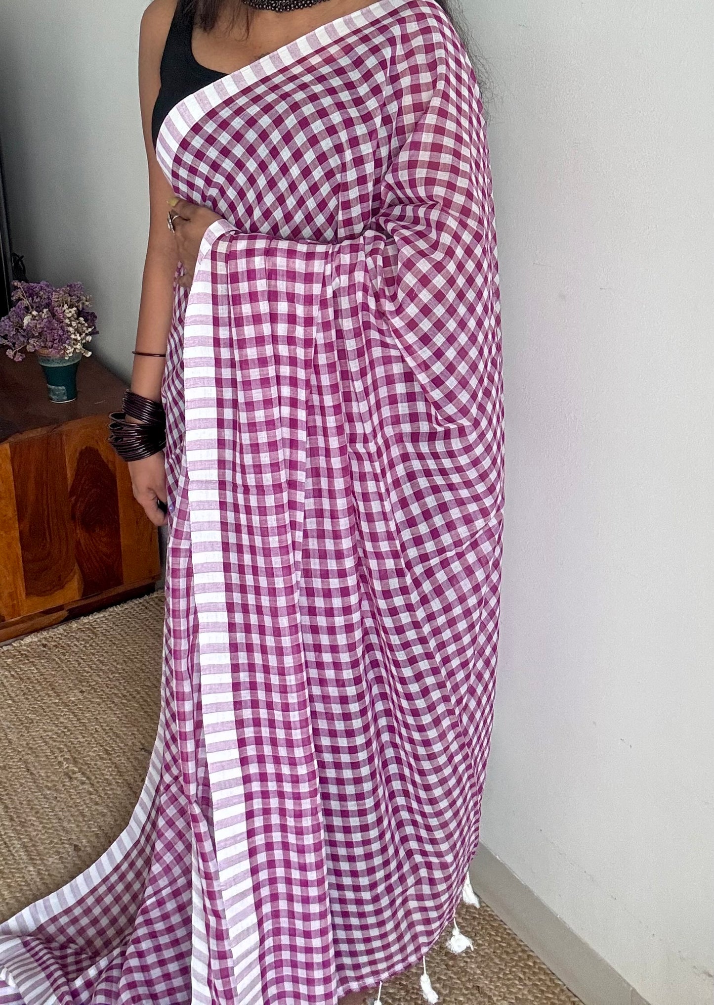 Purple and white checkered mul cotton saree  - YCBCMCCMA30
