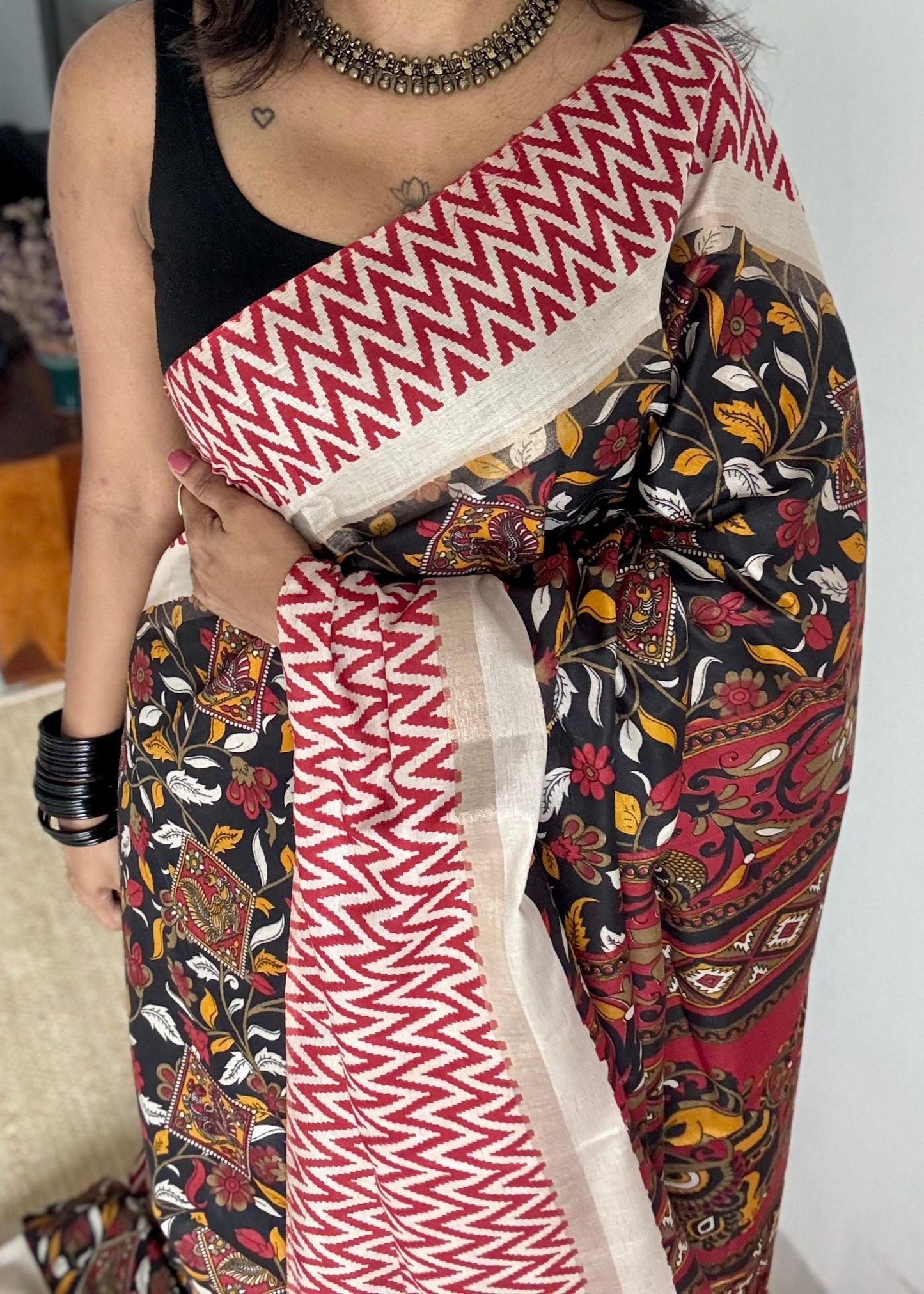 Black and red, printed kalamkari, semi-tussar - YCWOTDSTK02