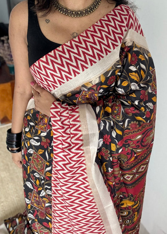 Black and red, printed kalamkari, semi-tussar - YCWOTDSTK02