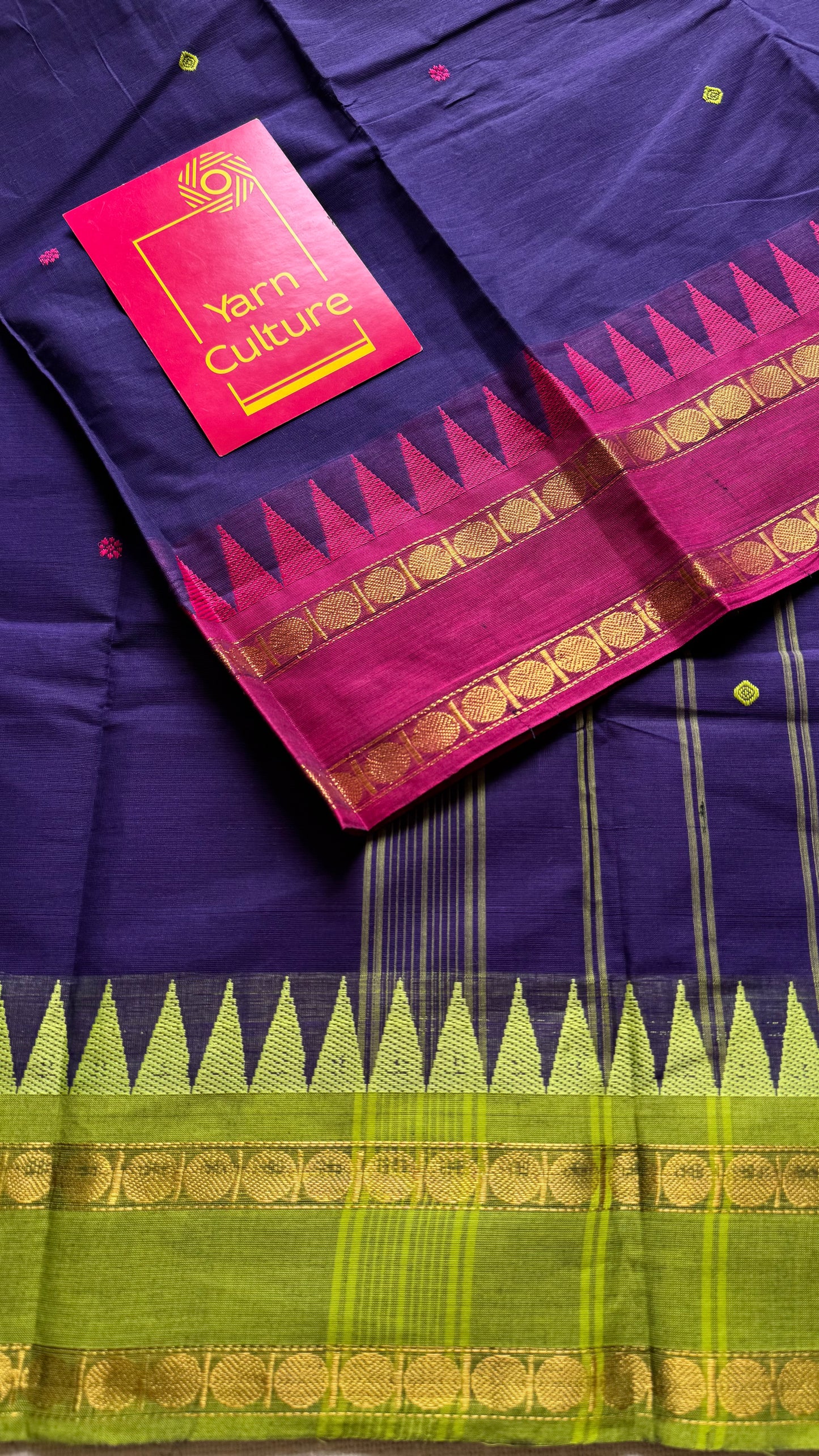 Kanchi cotton saree, royal blue with magenta and lime green dual border - YCCOTNAP97