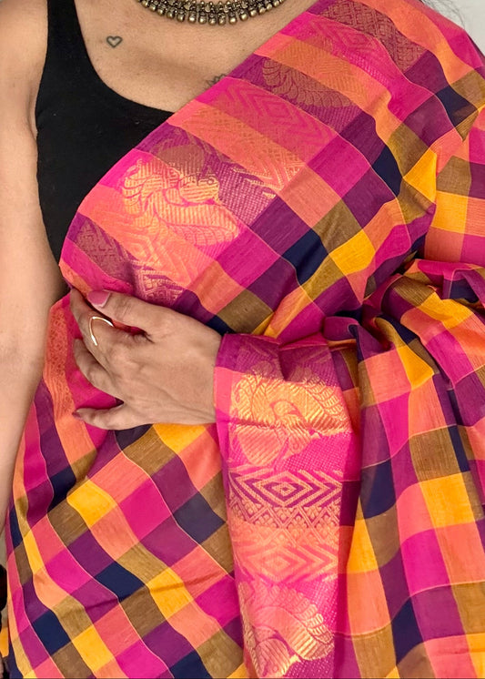 Multicolour Chettinad cotton saree with paalum pazhamum checks (hot pink, yellow, navy, orange) - YCCOTNAP60