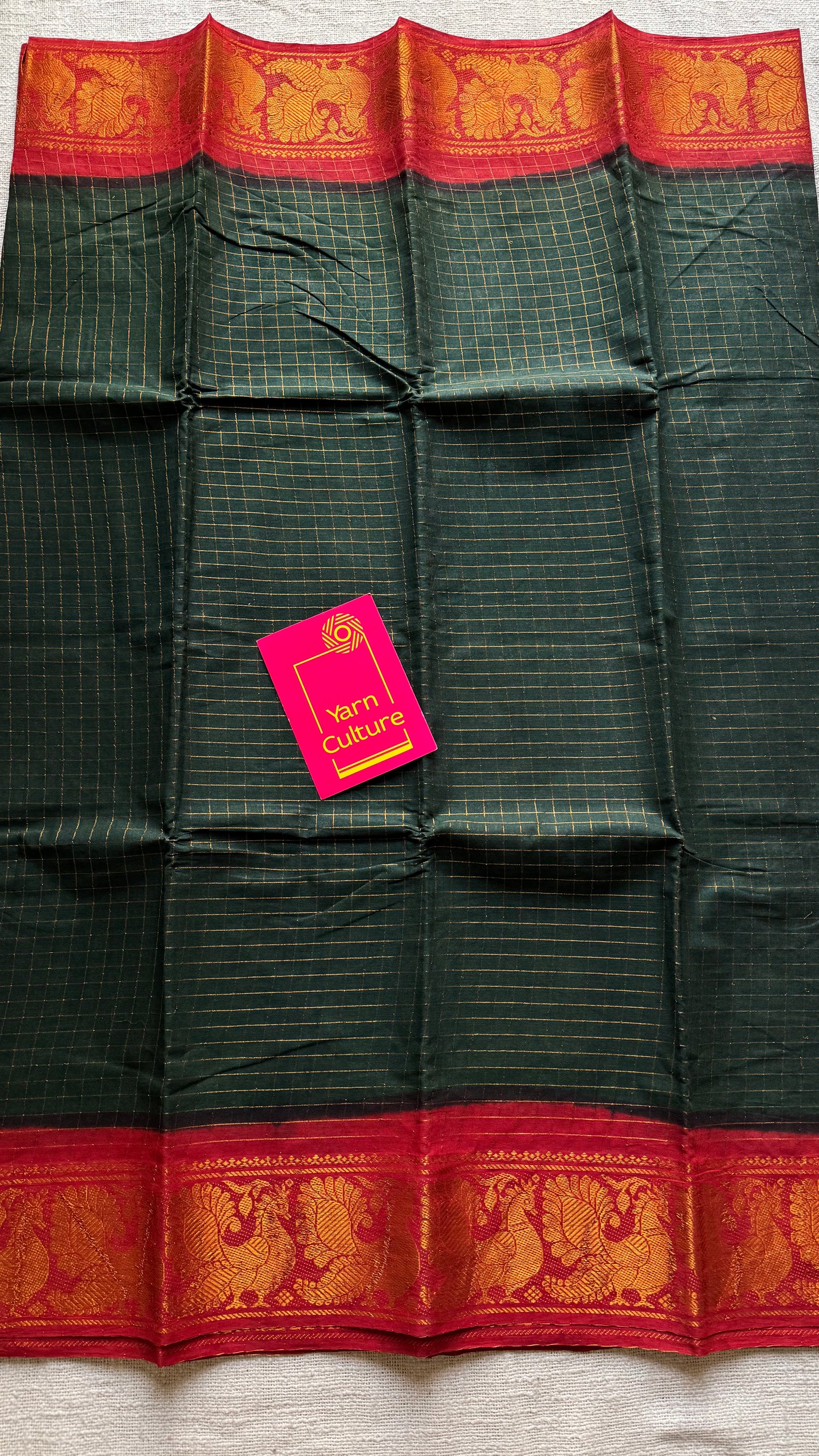 Dark green with red contrast, zari checkered sungudi, kattuchayam dyed madurai cotton - YCCOTNMSFE332
