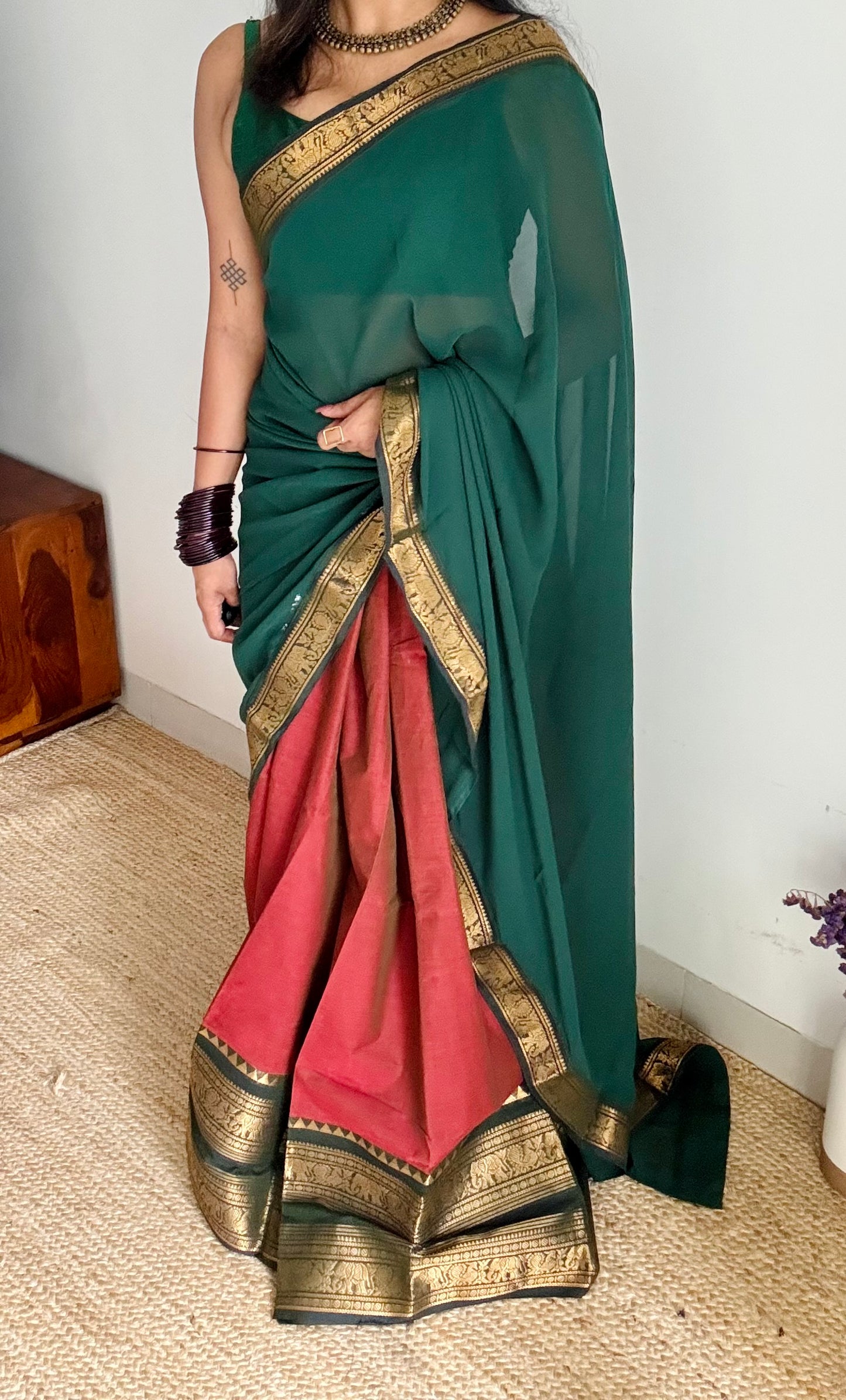 Dual tone Maroon - Green unstitched half saree material (dhavani), kanchi cotton - YCIEHS209