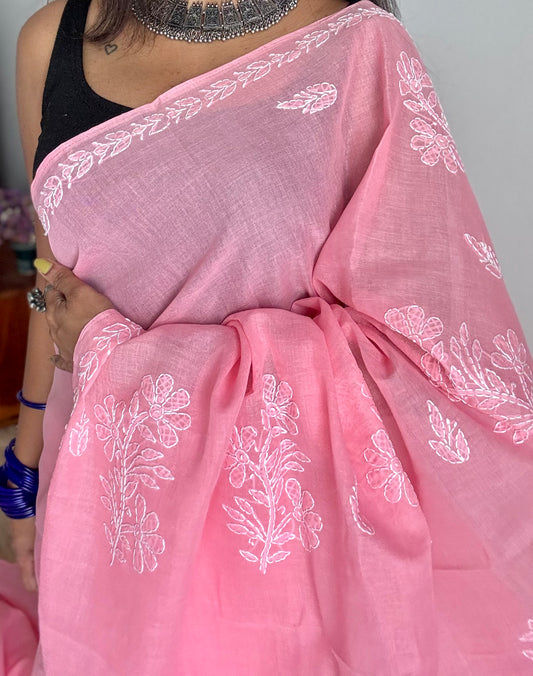 Meher - peach pink hand-embroidered chikankari cotton saree - YCLCKFE416