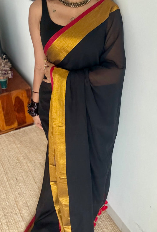 Black mul with antique gold zari border - YCBCMCLSE23