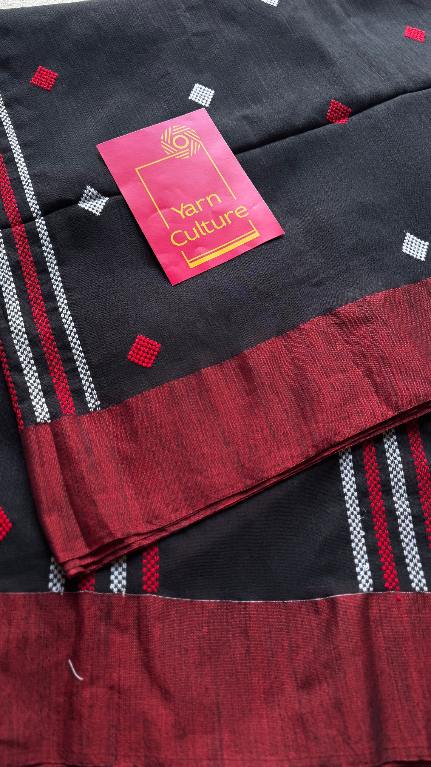 Black with red, soft khadi cotton with woven motifs - YCBCKCDE25