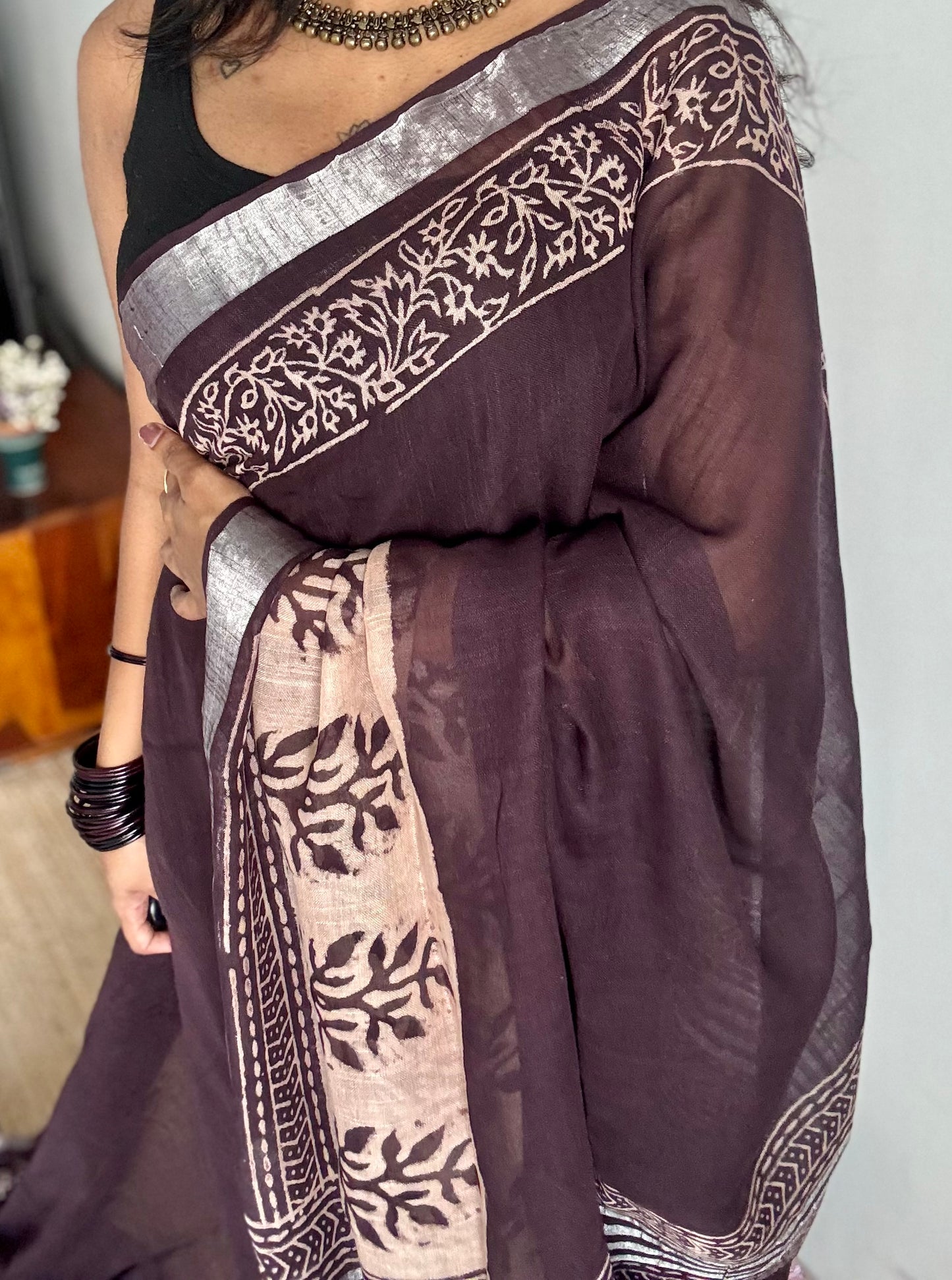 Wine and cream linen, silver zari border - YCTORNOP20