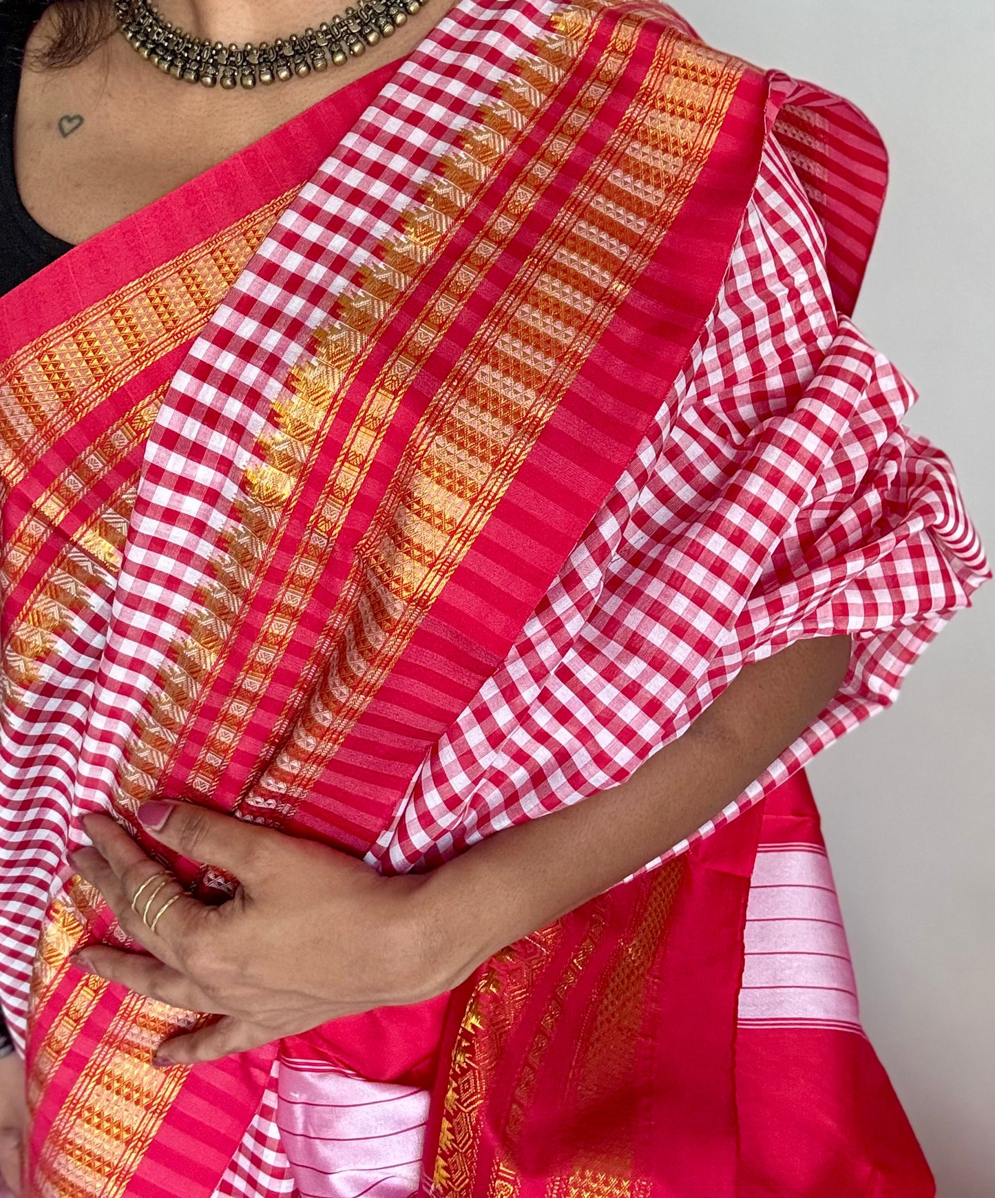 llkal red and white checks with chikki paras border, soft cotton with art silk blend - YCLOKICAP229