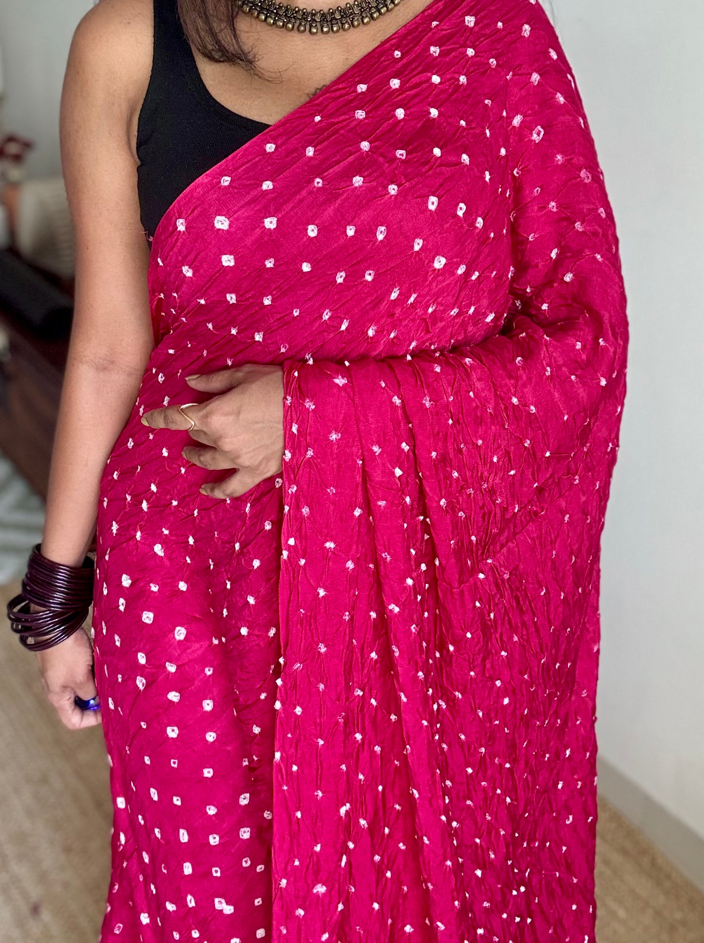 Rani pink, crushed bandhej pure modal silk saree with lagdi patta zari pallu - YCTOKBM332