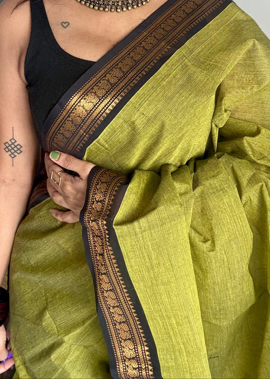 Green with thin black zari border, kanchi cotton saree - YCCOTNCCOC117