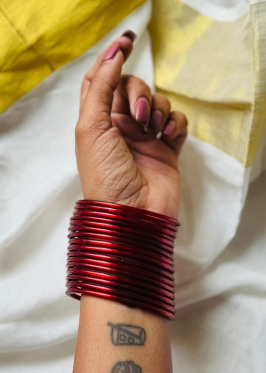 Maroon glossy glass bangles, set of 12 - YCBANGL838