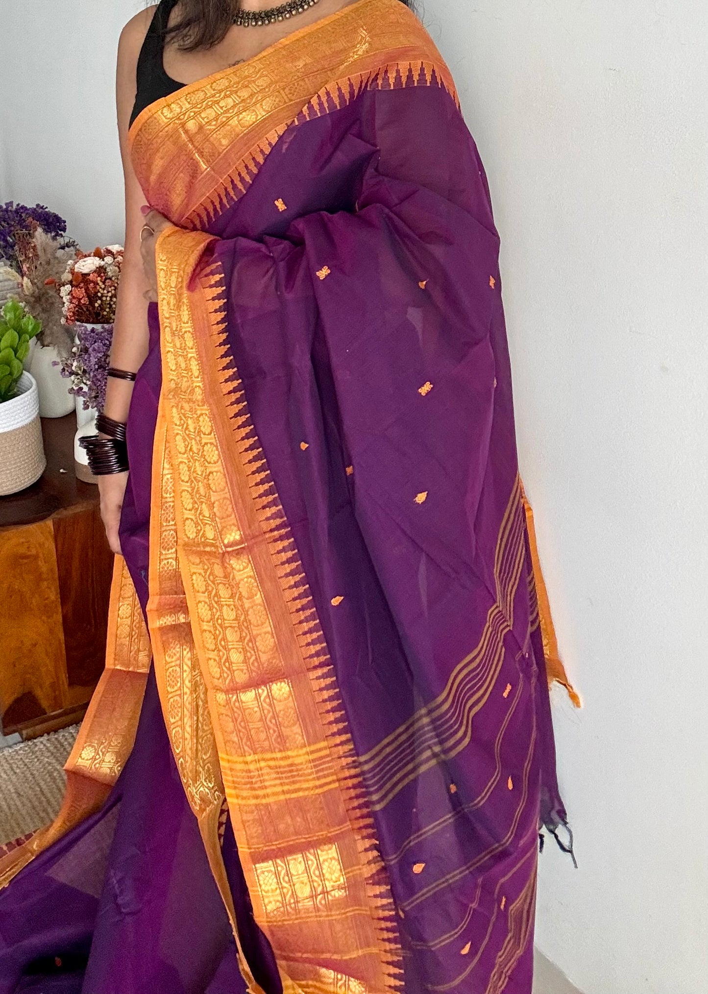 Kanchi cotton saree, purple with turmeric yellow border - YCCOTNAP87