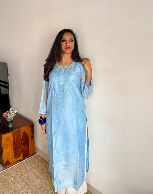 Powder blue muslin chanderi chikankari with bakhiya work, stitched kurta, round neck, three fourth sleeves - YCSECK17