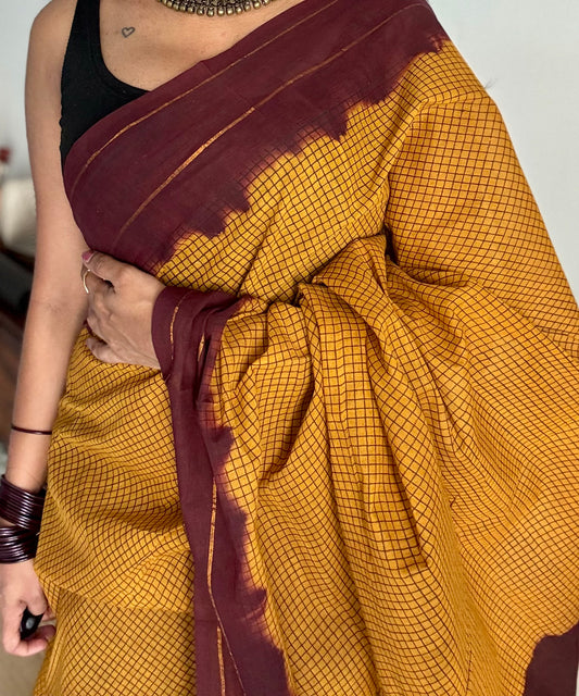 Turmeric yellow with maroon contrast, checkered kattuchayam dyed madurai cotton saree - YCCOTNMA235